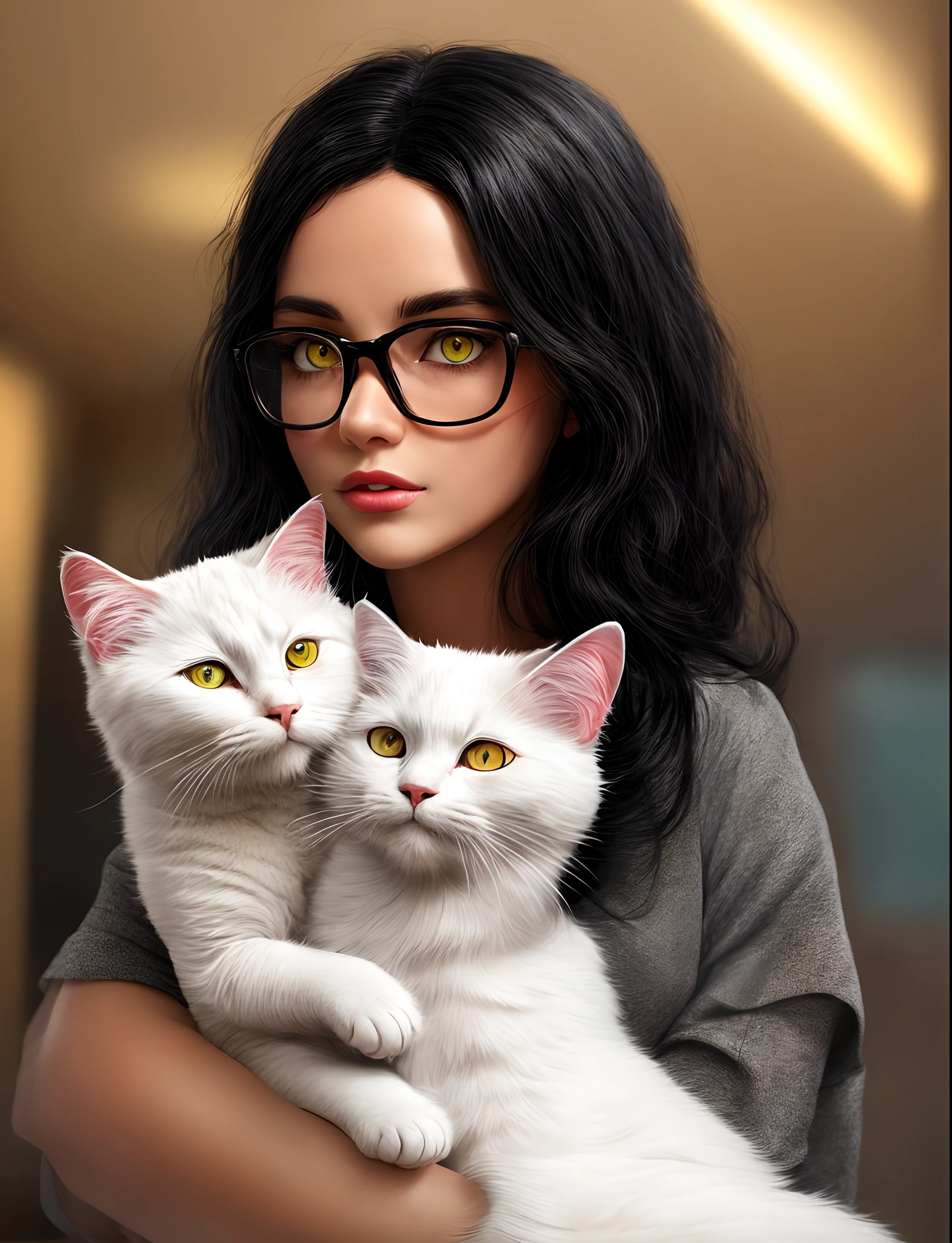 Woman with fine black hair in glasses, homem cabelo castanho claro, com um gato preto de olhos amarelos, A white angora cat with yellow eyes, Pixar Style A Family