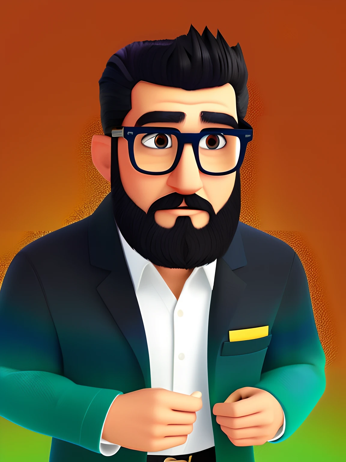 pixarstyle um retrato na altura da cintura de um homem de 27 anos, Who wears the glasses has short hair
and black beard, working in your office in dress clothes, textura natural da pele, texturas 4k, hdr, intrincado, altamente detalhado, foco nítido, cinematic visual, hiperdetalhado