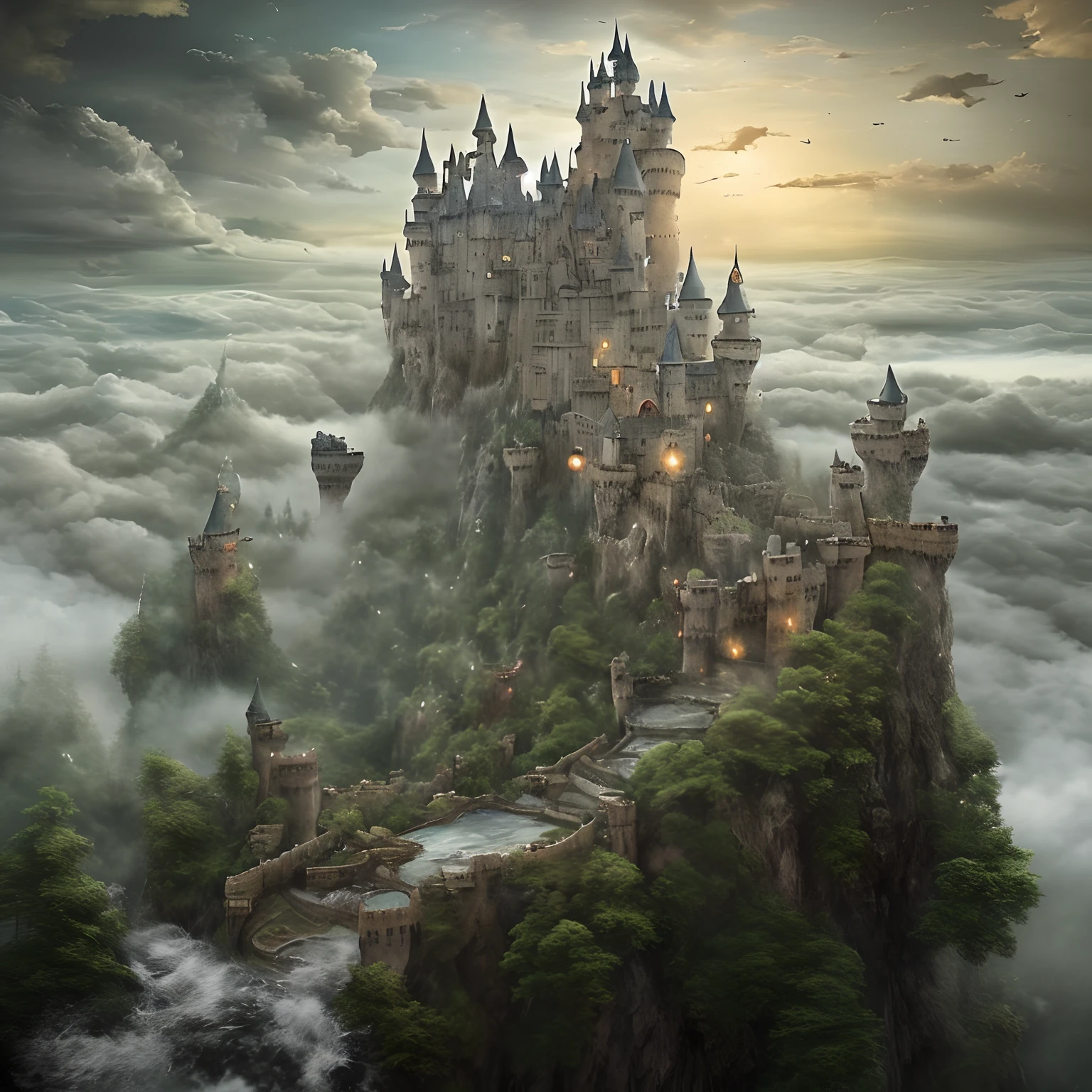 masterpiece、hightquality、Realistic、landscape shot、life-like、A detailed、Like the photo、Castle shining in the sky、Deities々Castle in the Sky、Castle in the Sky、Flying Castle、Castle in the Sky、Castle of Glory、Castle above the clouds、The tree々A lush castle surrounded by