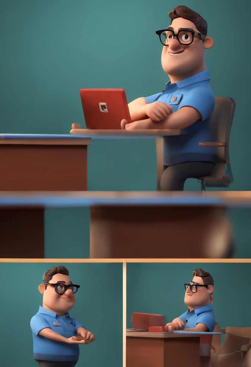 Cartoon character of a man with black glasses and a blue shirt, animation character, Caractere estilizado, animation style rendering, 3D estilizado, Arnold Maya render, 3 d render stylized, toon render keyshot, Personagem 3D, Personagem 3D, 3d rendering stylized, 3 d character render, personagem de desenho animado, Personagem de close up, Pose de personagem, (Estilo Pixar) (master part:1.2) (Bokeh) (best quality) (pele detalhada) (textura detalhada) (8k) (argila) (Cinematic lighting) (foco nítido