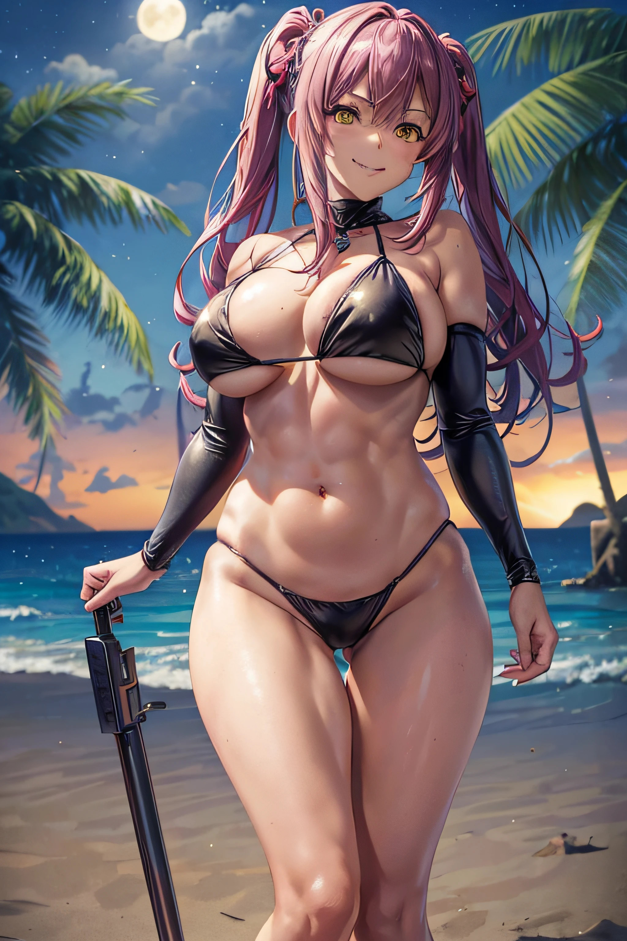 Ichika Amasawa, middlebreasts, (de costas com a bunda grande mostrando para mim), (((Muscle in the belly))), (((muscles in the thighs))), (barefoot), (((usando um biquini preto muito curto))), foto de corpo inteiro, Beach scenery with stars in the sky and full moon, cabelos magenta, cabelos lisos, yellow eyes, evil smile, anime, anime style, En plein air, cinematic lighting, sparkle, jpeg artifacts, glowing light, ray tracing, image fill, panorama, Sony FE, UHD, masterpiece, ccurate, anatomically correct, super detail, high quality, highres, HD, 16k