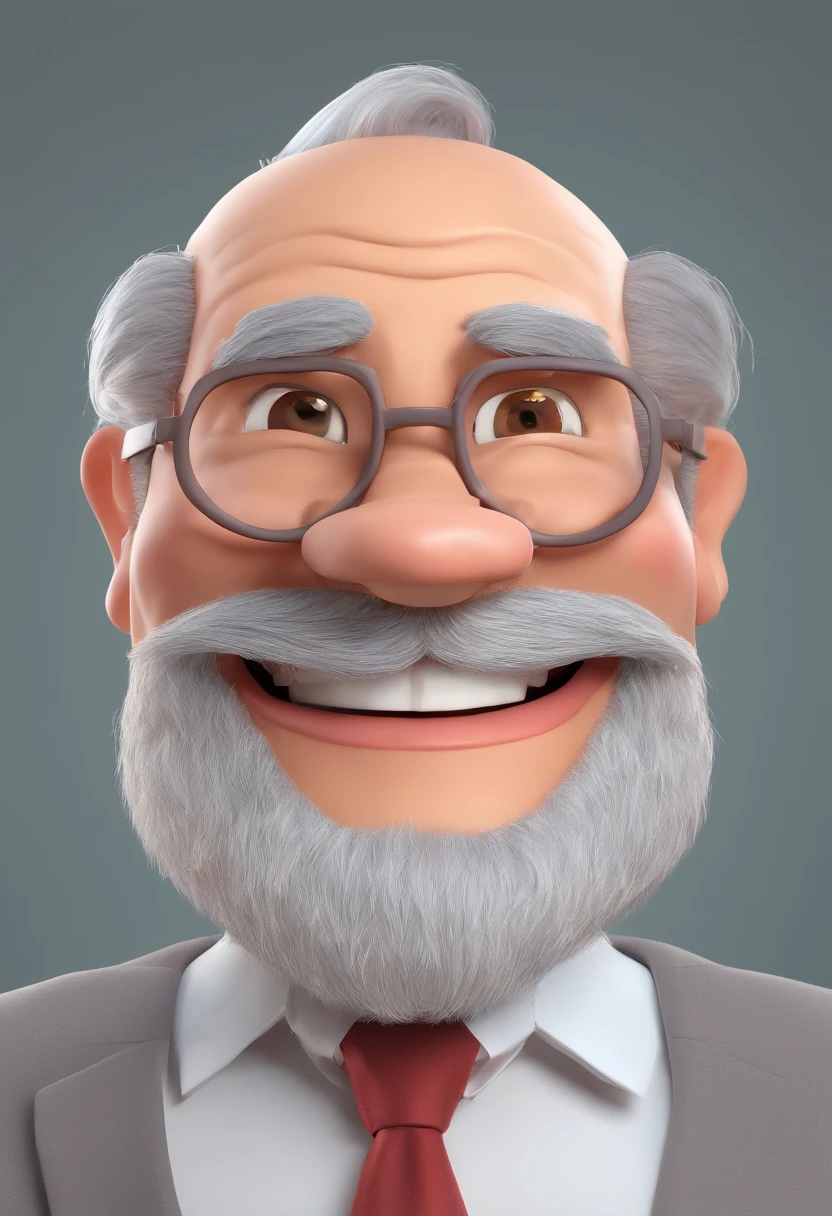 Smiling Man Illustration, sorriso insano, Homem de pele marrom com um sorriso gigante, happily smiling at the camera, sorriso atrevido, grey beard, thinning hair, thick glasses, he's smiling, sorriso muito grande, Macho sorridente, foto de perfil headshot, rindo sorriso enorme, desenhando no estilo de Arte 3D, c4d, fundo de cor branco puro, estilo disney, estilo pixar render ilustracao Super Detalhe, 8k