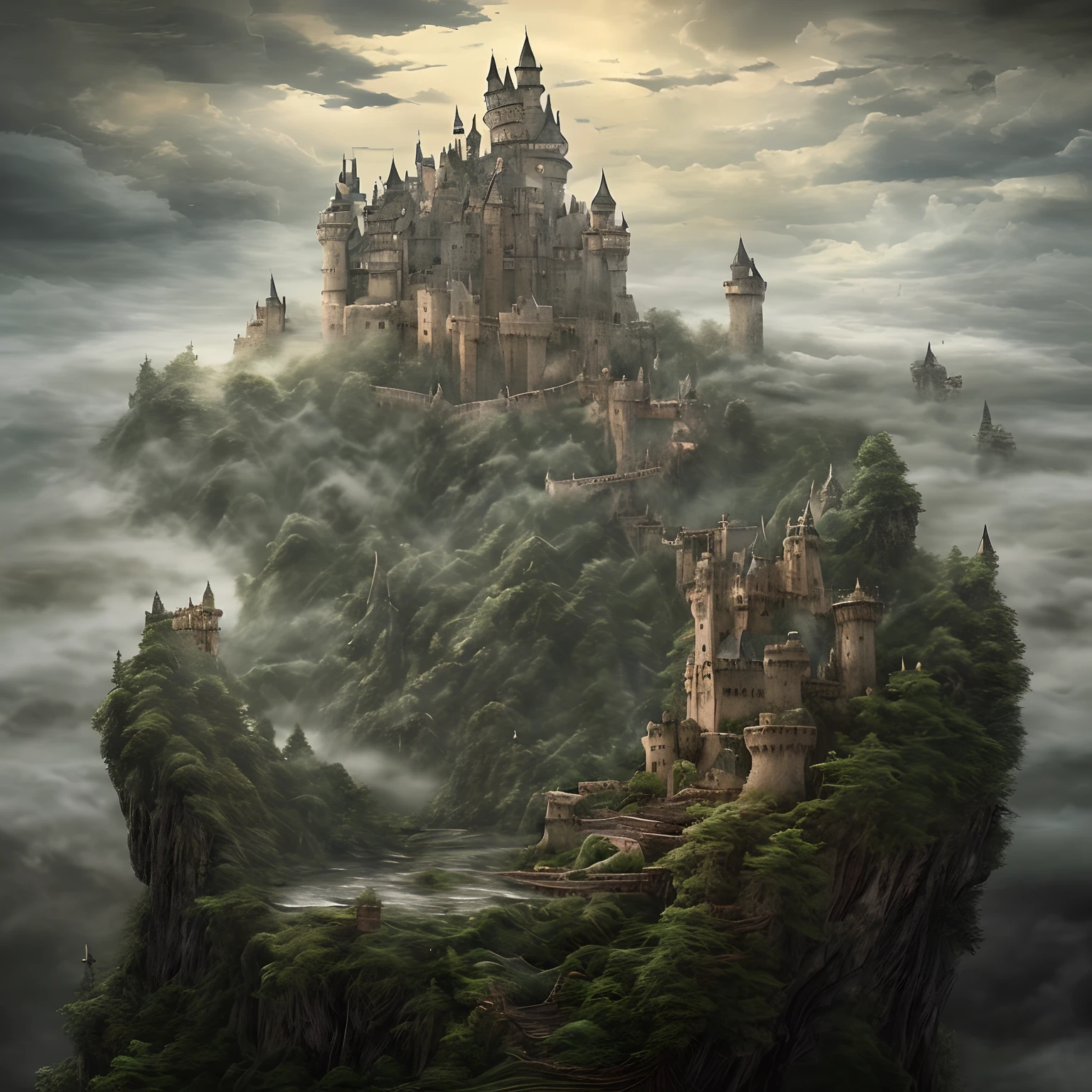 masterpiece、hightquality、Realistic、landscape shot、life-like、A detailed、Like the photo、Castle shining in the sky、Deities々Castle in the Sky、Castle in the Sky、Flying Castle、Castle in the Sky、Castle of Glory、Castle above the clouds、The tree々A lush castle surrounded by