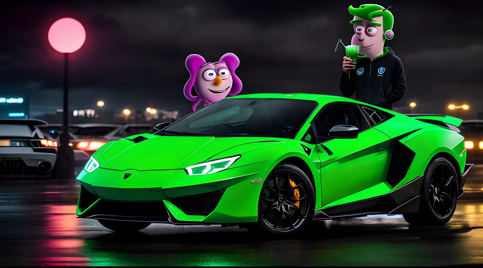Hyper realistic cosmo from fairly odd parents siting on Lamborghini while it’s raining and he looks sad and he is wearing a hoodie with black Air Force 1’s and holding a white cup stacked on another white cup with glowing green juice