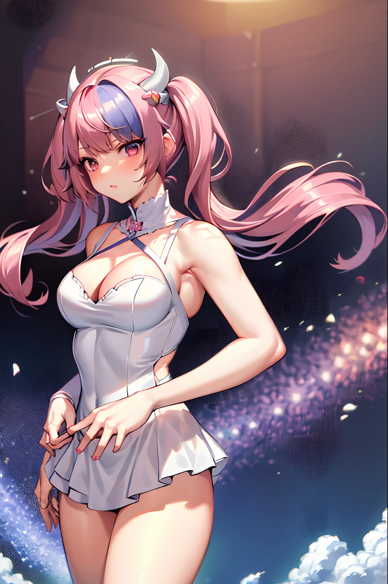 (masterpiece), best quality, 1girl, solo, ironmouse, twintails, pink hair, medium breasts, white dress, cleavage, arms at side, cowboy shot,