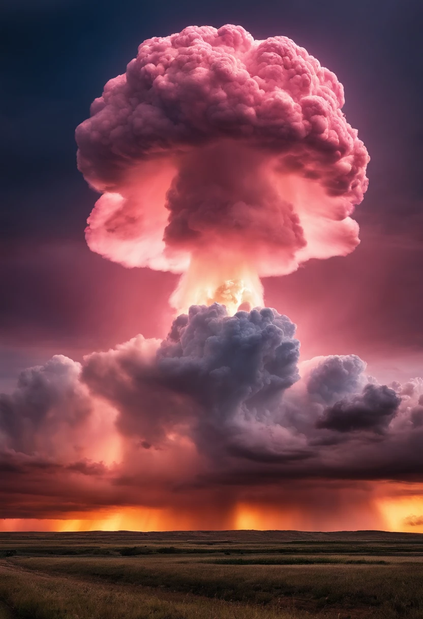 Top image quality,Ultra HD Pictures refer to the best existing visuals for the feel of a hydrogen bomb explosion mushroom cloud picture movie poster(Reference to the video or image of a mushroom cloud of hydrogen bomb explosion, codenamed Unicorn, that exploded in France on July 3, 1970)Huge visually stunning pink candy-colored mushroom clouds on the Great Plains with a large view of the air,The visuals should be both shocking and sweet。There is no sense of horror,The whole picture seems to be a world of candy,Beautiful pink,South Coast Blue,Extremely beautiful, realistic scenes, grand hydrogen bomb explosion scenes,The brilliant colors are like a fairy tale。