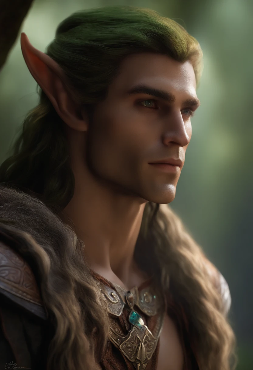 (8K, high definition, high quality, highly detailed) Handsome half- elf. young. masculine. square jaw. hunter eyes. squinted eyes. dark hair. headshot. wearing middle-earth tunic. looking away from the camera. dramatic lighting.