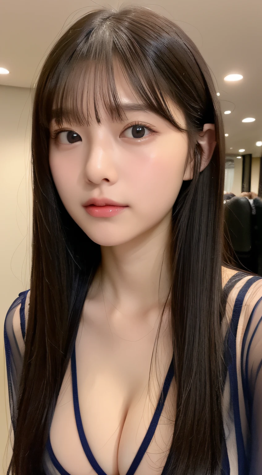 ((top-quality、8K、masterpiece:1.5))、Teen girls、(Unhealthy face)、A dark-haired、Blunt bangs、(Lots of bangs:1.4)、full bodyesbian、(Symmetrical face)、hyperdetailed face、Ultra detailed mouth、A detailed eye、Detailed ears、Slim Faces、camisole、Big breasts、(Looking Up)、(From above)、(Straight long hair、Ahoge:1.3)、(Upper Eyes)、the background is blurred、lipgloss、Shower room、Sweating