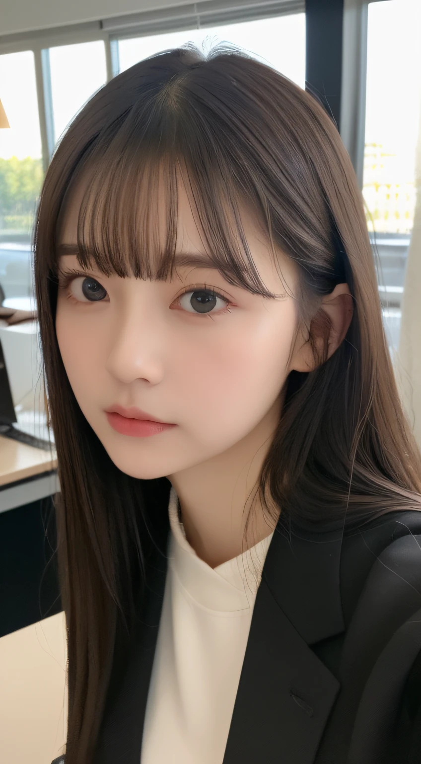A woman with long hair wearing a black jacket and white shirt - SeaArt AI
