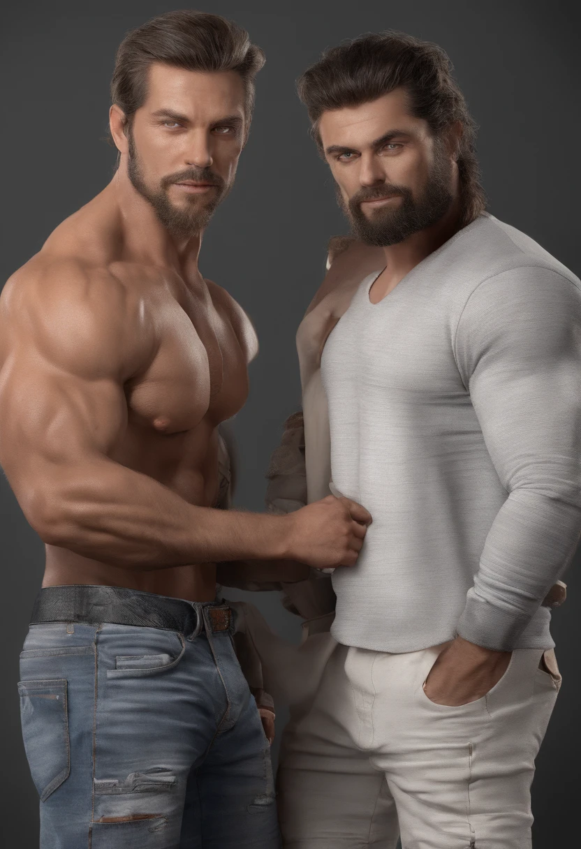 Dois lindos homens, lado a lado, sem camisa, dois homens, sexys, gay, casal, jovens, fazenda, noite, profundidade de campos,Feixe alto,Luz Real,Traching de raias,renderizador OC,Renderizador UE5,hyper-realistic,melhor qualidade,8k,Obras de mestres,super-fino,pubianos
