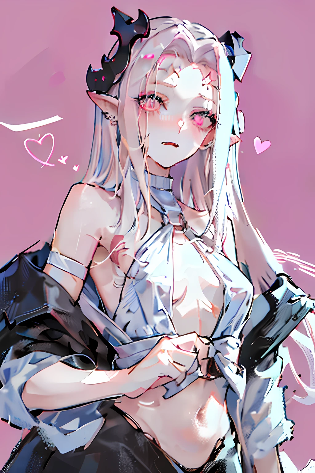 (masterpiece), best quality, expressive eyes, perfect face, adorable pink hair with pink devil horns, small fangs, cute red eyes with hheart pupils, cute pink bat wings around head, small, slender, cute, adorable, detailed, ta devil