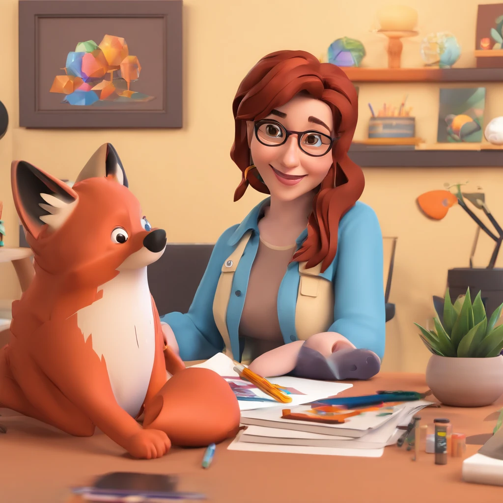 Crie um cartaz inspirado na Disney Pixar com a personagem bonita,ruiva de cabelos lisos bem compridos alaranjados, brown eyes wearing glasses. She's wearing a black skull print t-shirt and jeans. She has a pet fox and is in her art studio happy and drawing. In the background is a tripod with a camera. Ela tem quasril largo e coxas grossas