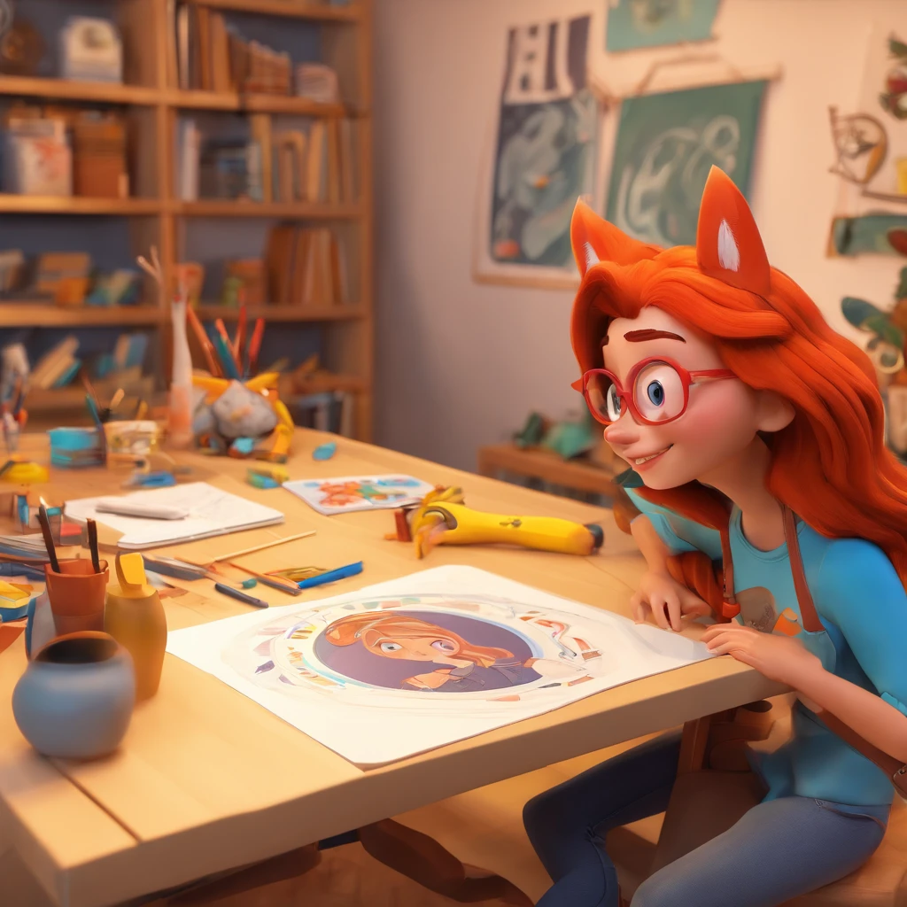 Crie um cartaz inspirado na Disney Pixar com a personagem bonita,ruiva de cabelos lisos bem compridos alaranjados, brown eyes wearing glasses. She's wearing a black skull print t-shirt and jeans. She has a pet fox and is in her art studio happy and drawing. In the background is a tripod with a camera. Ela tem quasril largo e coxas grossas