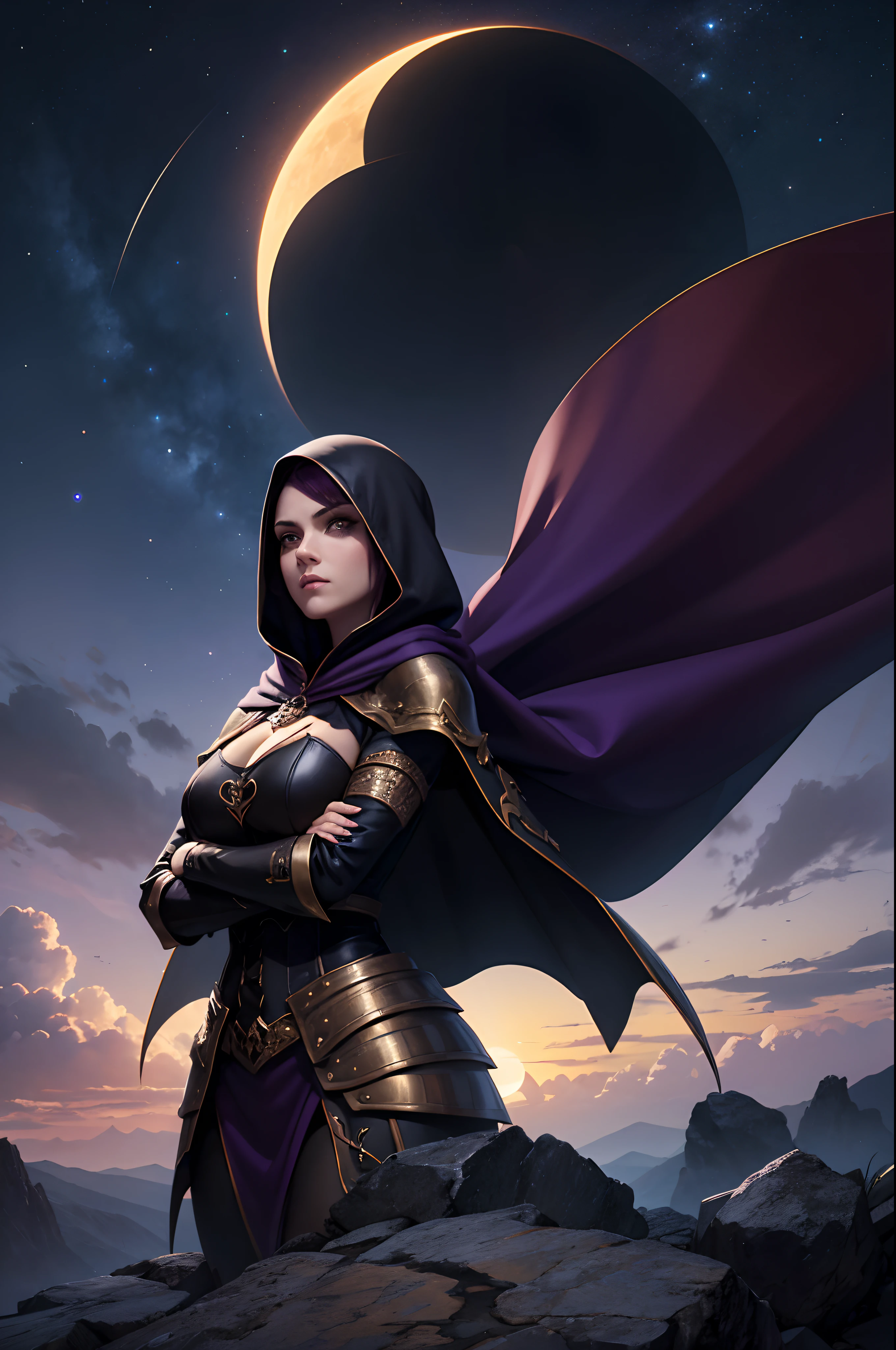 A female character with short roxo hair wearing a flowing cape and crowd dressed in cape and hood, night sky, Eclipse, 8k, Magnificent, adulto, armadura detalhada, Magnificent, lo gothic, Cidade medieval, Hiroglifos, dourado preto, folded arms, fluttering cover, numa pedra elevada olhando de cima. Gothic armor in black and purple color