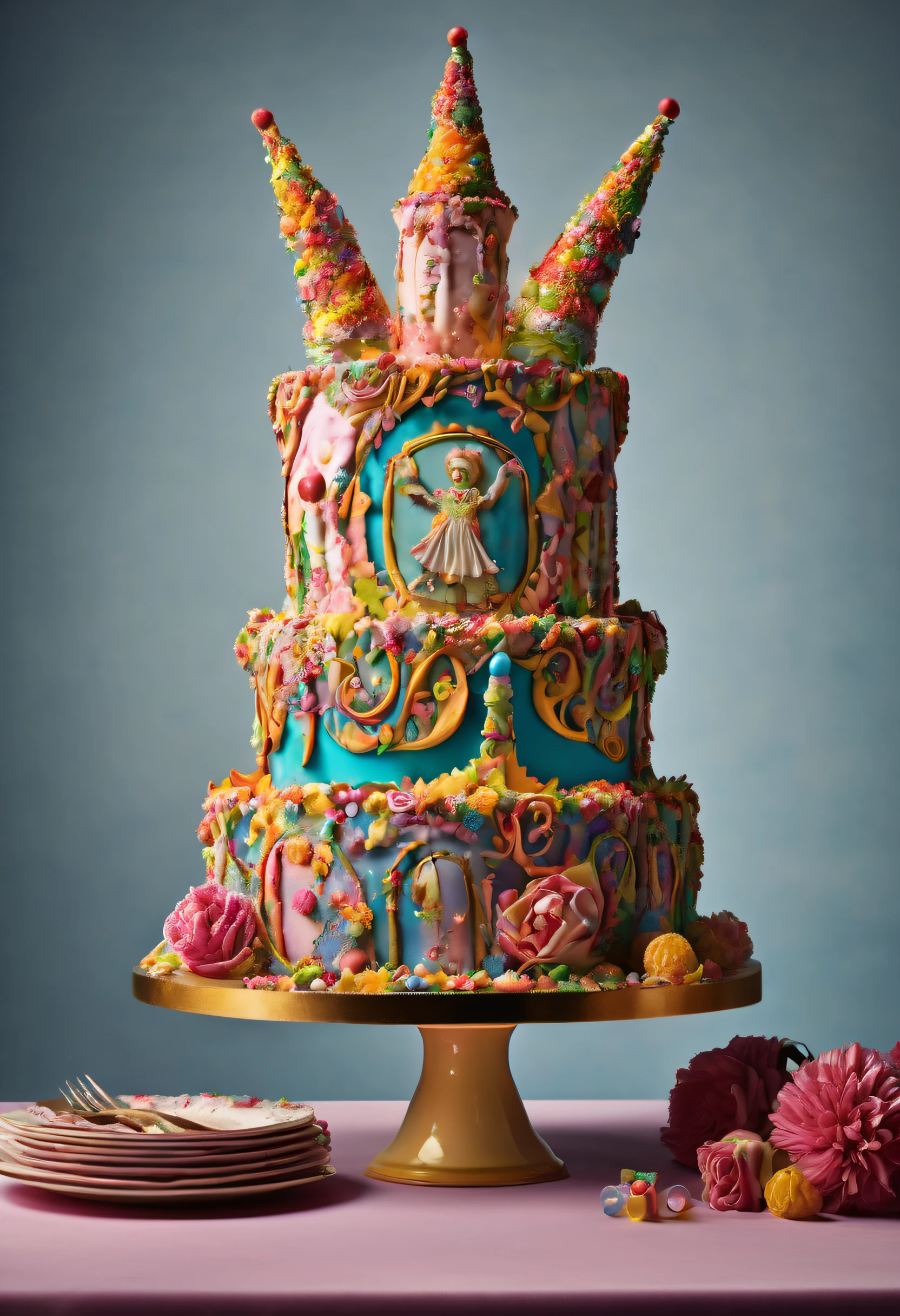 Photography of an extraordinary birthday cake that is a true work of art. The cake is a masterpiece of craftsmanship, featuring intricate designs and delicate sugar sculptures. Surrounding the cake are playful props, such as oversized candles and a confetti-filled piñata, creating a festive atmosphere. The photograph is captured from a close-up shot, highlighting the cake's meticulous details. The lighting is dramatic, casting shadows that add depth to the image. This remarkable photo was taken by Platon, known for his powerful and emotive portraits. It captures the essence of celebration and showcases the artistry involved in cake making