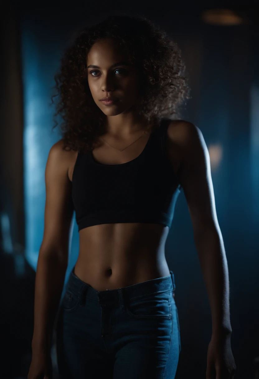 Teenage girl with light brown skin and glowing blue eyes with no irises and brown curly hair with scars and wearing a black tank top and jeans holding a dagger standing in a dark room with blue lighting. Ghost like figure of a teenage boy in the background