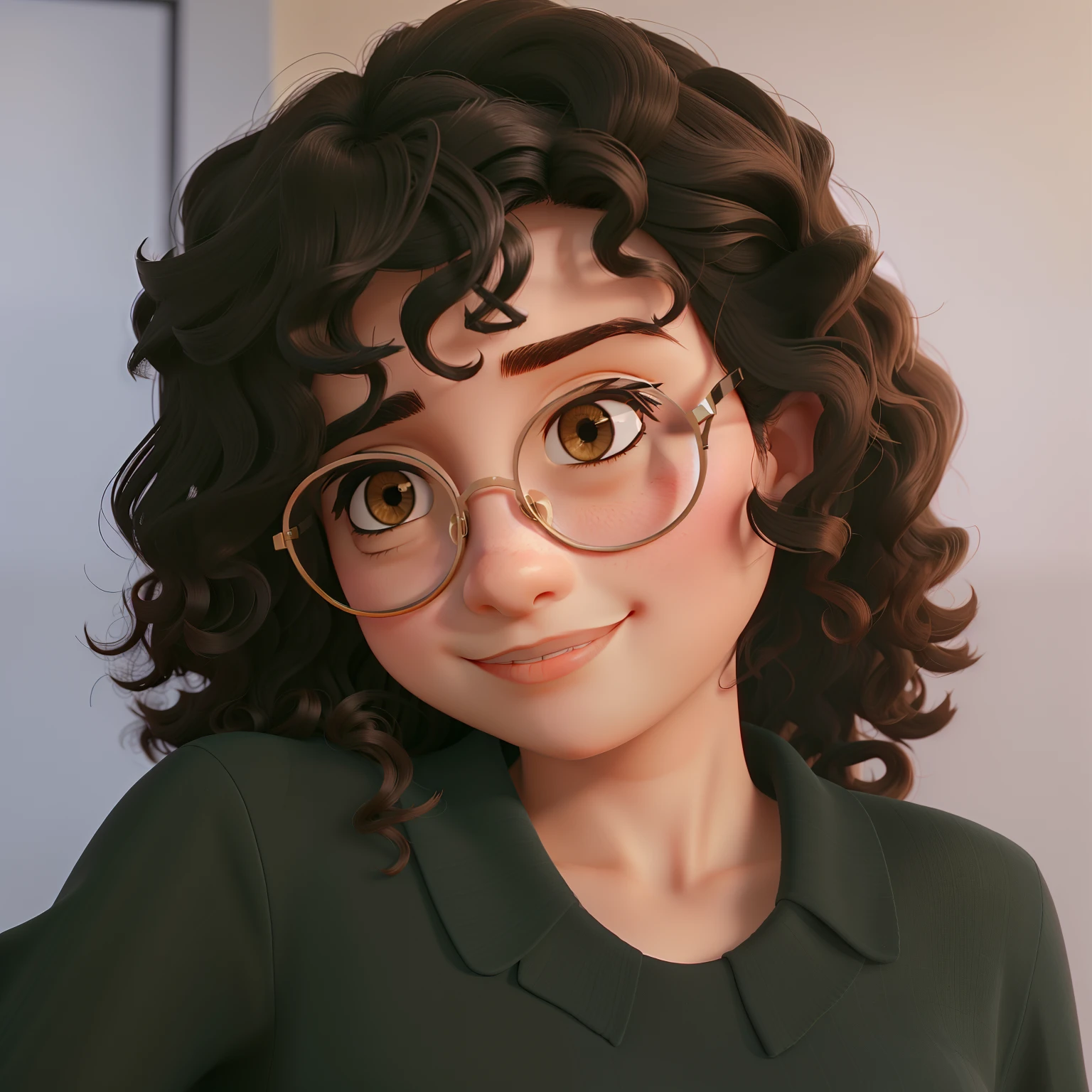 A beautiful girl with medium curly hair with bangs and dark brown, olhos castanhos, round glasses, morena