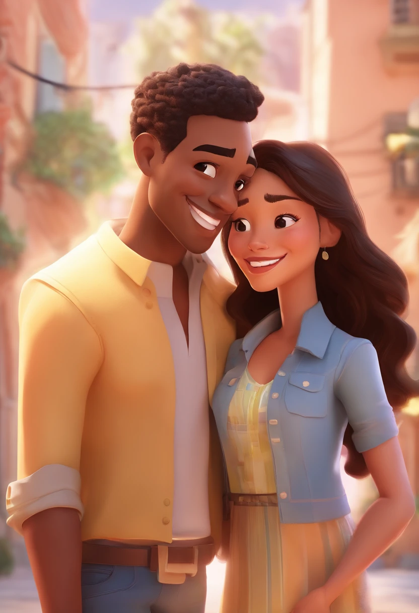 An illustration of an adorable couple, Highlight for a chubby mulatto man with smiling glasses and a brunette woman with beautiful expressive eyes - the man's skin is mulatto and the man's hair has, while the woman's skin is black and the woman's hair is straight and brown. They are a bright room, cada um com um sorriso no rosto, e compartilhar um momento especial caracterizado pelo amor, Insights. Illustrate this scene from a perspective where they are facing the camera, Smiling and Showing Your Connection. Desenvolva esta arte em Full HD, Focus on your cinematic touch, Estilo Disney Pixar Animations