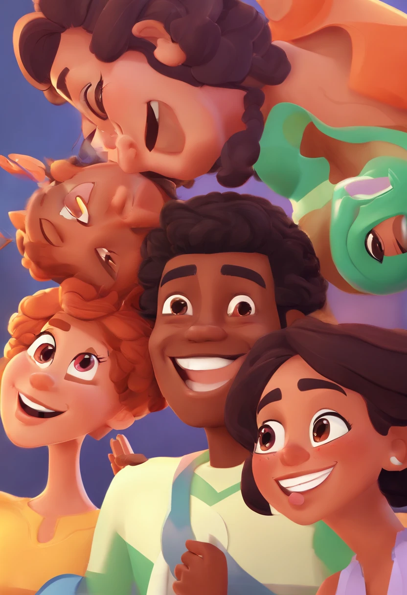 An illustration of an adorable couple, Highlight for a chubby mulatto man with smiling glasses and a brunette woman with beautiful expressive eyes - the man's skin is mulatto and the man's hair has, while the woman's skin is black and the woman's hair is straight and brown. They are a bright room, cada um com um sorriso no rosto, e compartilhar um momento especial caracterizado pelo amor, Insights. Illustrate this scene from a perspective where they are facing the camera, Smiling and Showing Your Connection. Desenvolva esta arte em Full HD, Focus on your cinematic touch, Estilo Disney Pixar Animations
