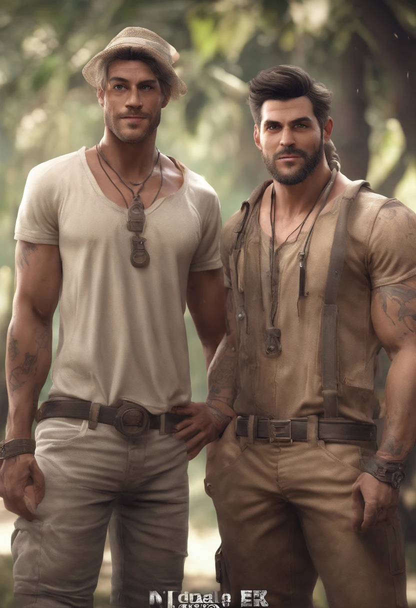 Dois lindos homens, lado a lado, sem camisa, dois homens, sexys, gay, casal, profundidade de campos,Feixe alto,Luz Real,Traching de raias,renderizador OC,Renderizador UE5,hyper-realistic,melhor qualidade,8k,Obras de mestres,super-fino,pubianos