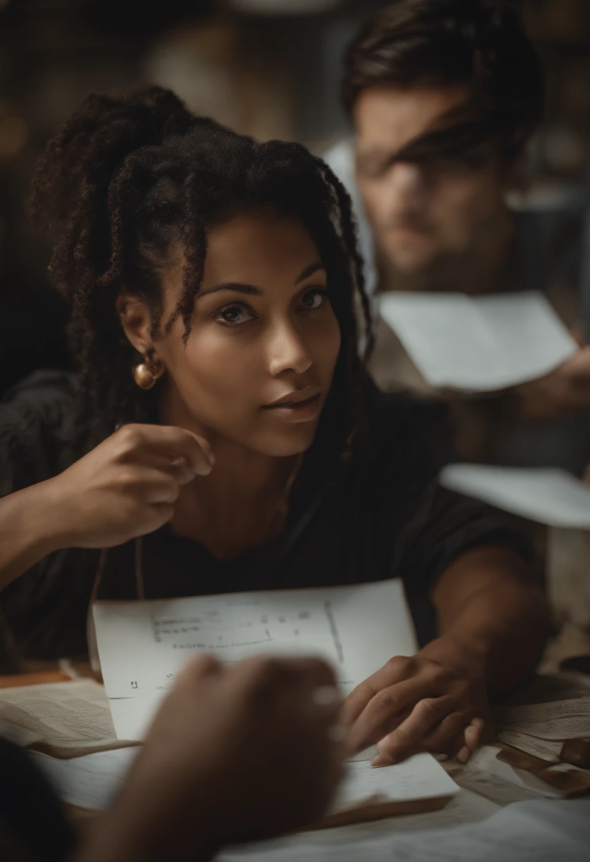 (Super Detail Face, Realistic lighting, Vivid colors, High Resolution Painting:1.1), Genie, physics, blackboard, messy hair, intense gaze, Iconic Pose, Shirt with MK lettering, piercing eyes, A wise expression, Scientific Equations, Historical figure, Mathematical Formulas, Brief background, Scientific Discovery, Revolutionary Scientist