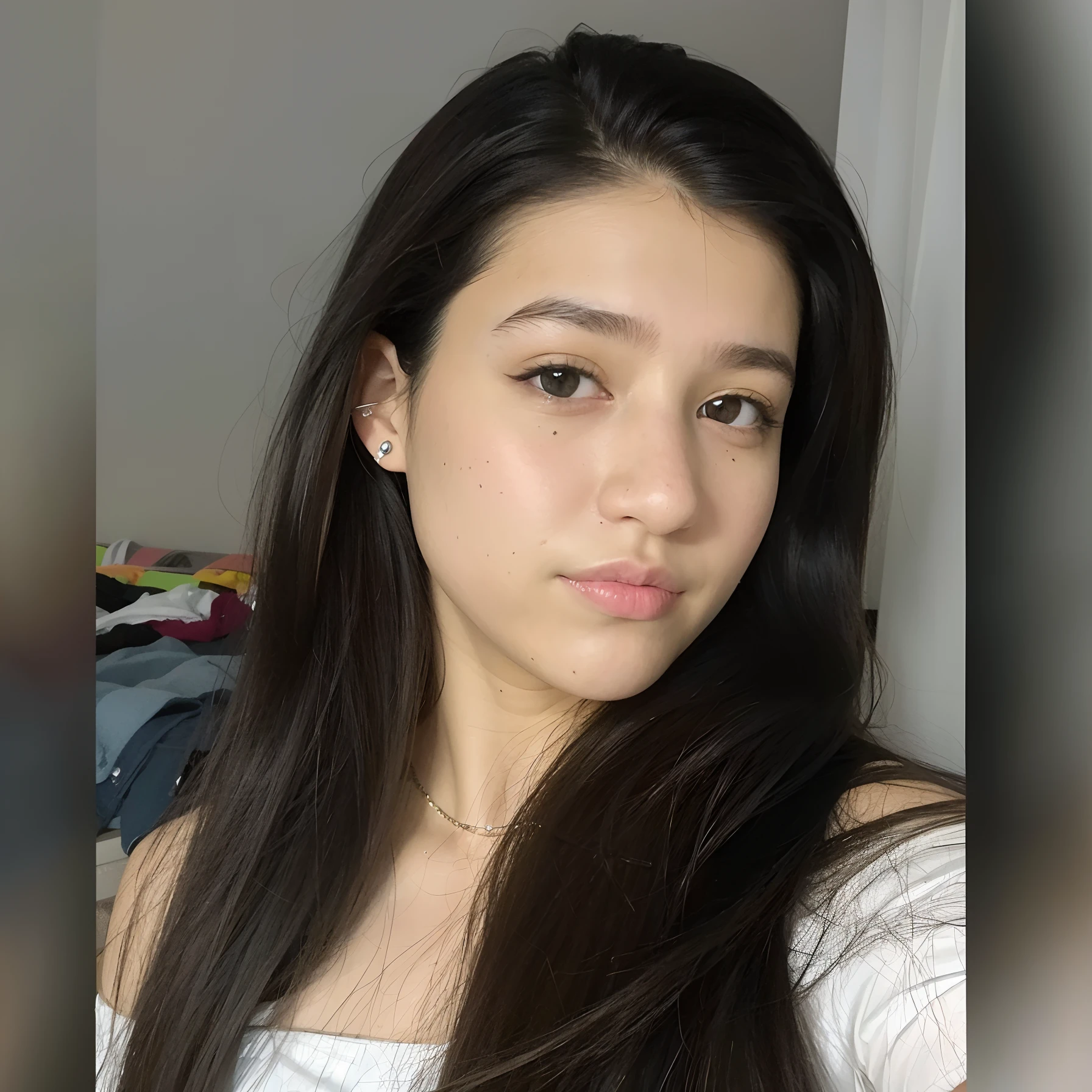 There is a woman with long black hair and brown eyes and a white shirt, 19-year-old girl, 18