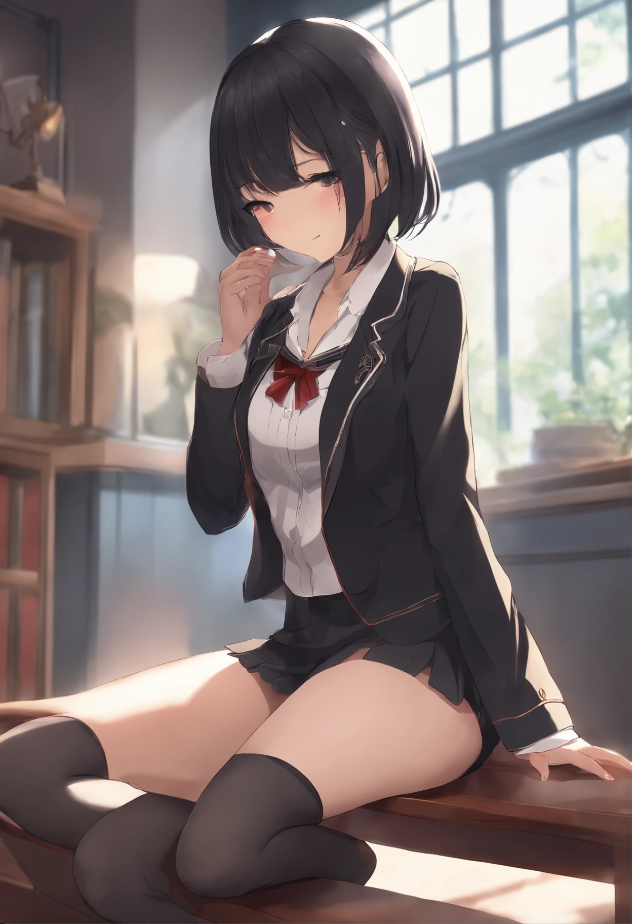 Petite anime girl futanari open legs short black hair revealing school girl outfit innocent touching panties
