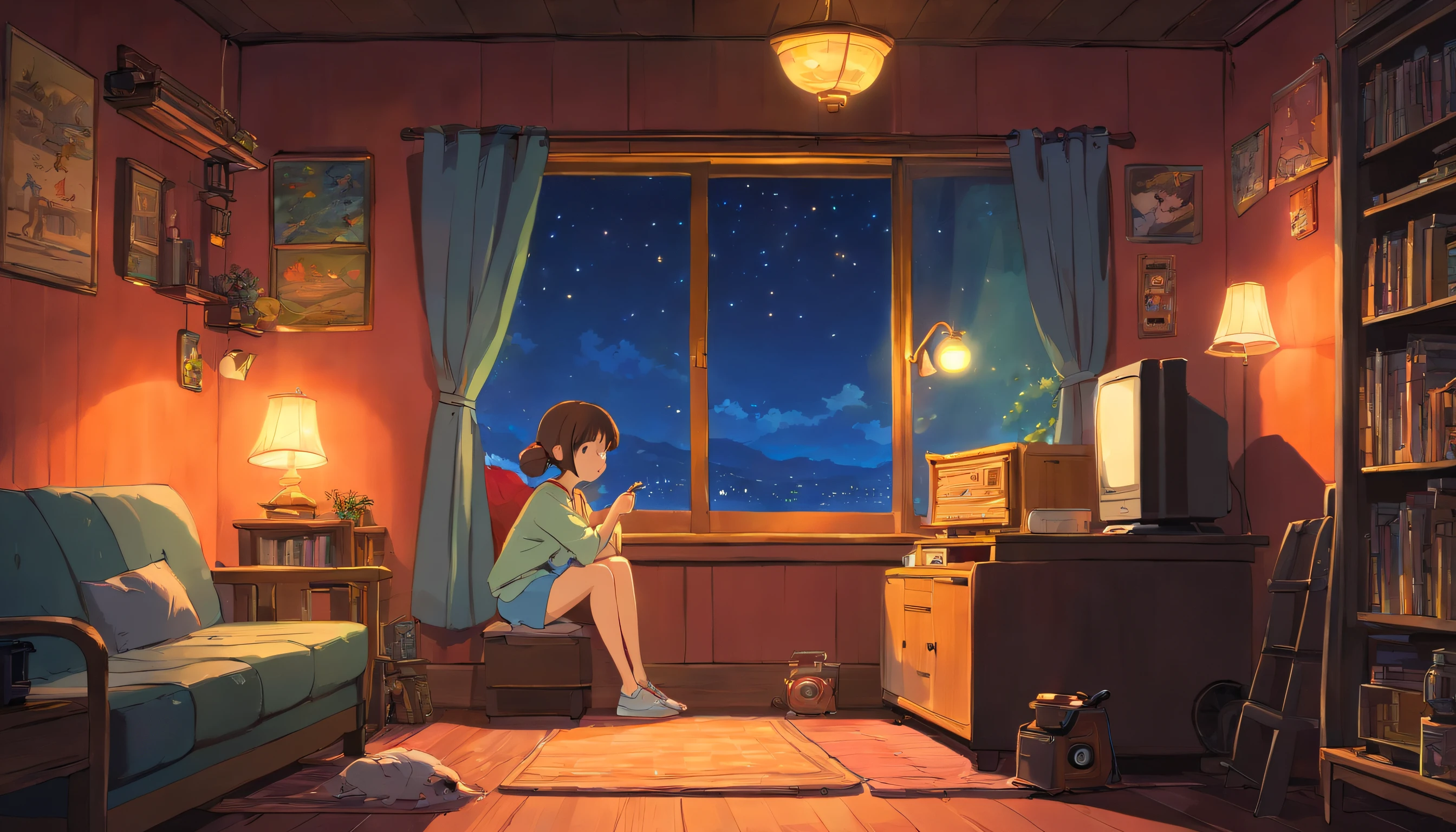Girl listening to music in a cozy room at night, Usando fones de ouvido, Anime estilo 2D, Lo-fi, disco Rigido, Ambiente escuro