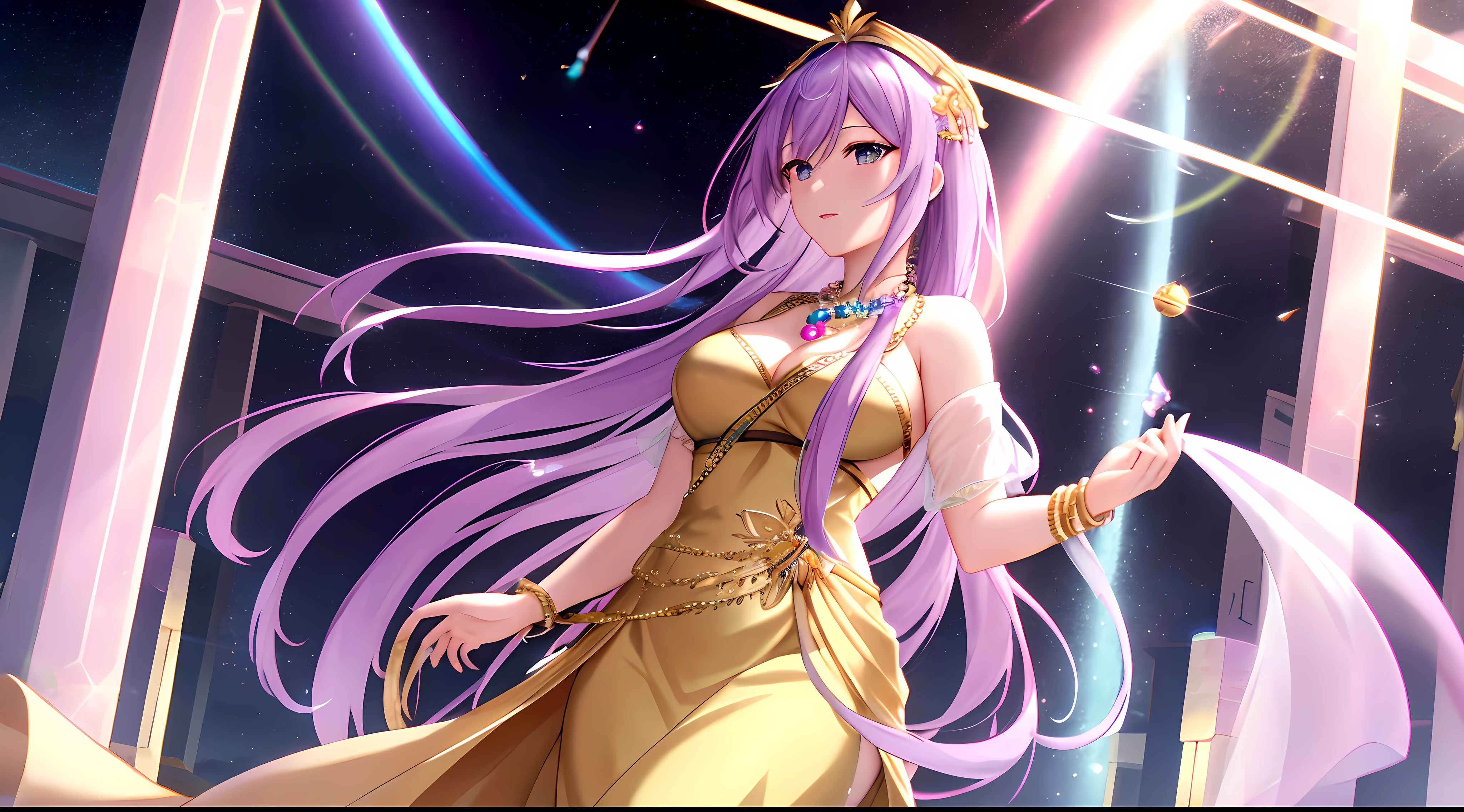 Athena with plain long light purple hair,hair between eyes,green eyes,rosy cheeks,full lips,thin eyebrows,slender body,wearing golden goddess dress and beads and full long skirt,praying beads on neck,beads on neck,cute anime girl,full body,above the rainbow clouds in background,anime style,Lumen Reflections,Screen Space Reflections,Diffraction Grading,Chromatic Aberration,GB Displacement,Scan Lines,Ray Traced,Anti-Aliasing,FXAA,TXAA,RTX,SSAO,Shaders,OpenGL-Shaders, GLSL-Shaders,Post Processing,Post-Production,cell Shading,Tone Mapping,CGI,VFX,SFX,insanely detailed and intricate, 4K,standing, solo, masterpiece, best quality, detailed face, detailed eyes, highres, standing, solo,masterpiece, best quality