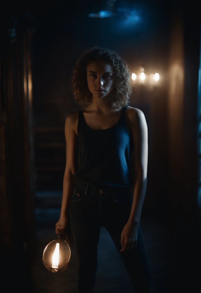 Teenage girl with light skin and glowing blue eyes with no irises and brown curly hair with scars and wearing a black tank top and jeans holding a dagger standing in a dark room with blue lighting. Ghost like figure of a teenage boy in the background