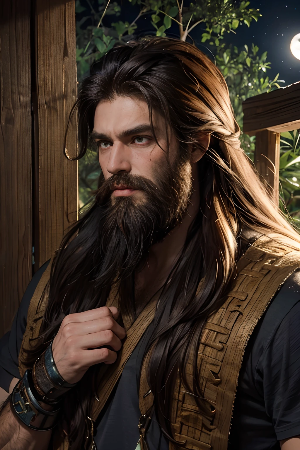 Giant Man, long hairs, long beard, muscular body, tired, hungry, sweaty, in the tree house, at night