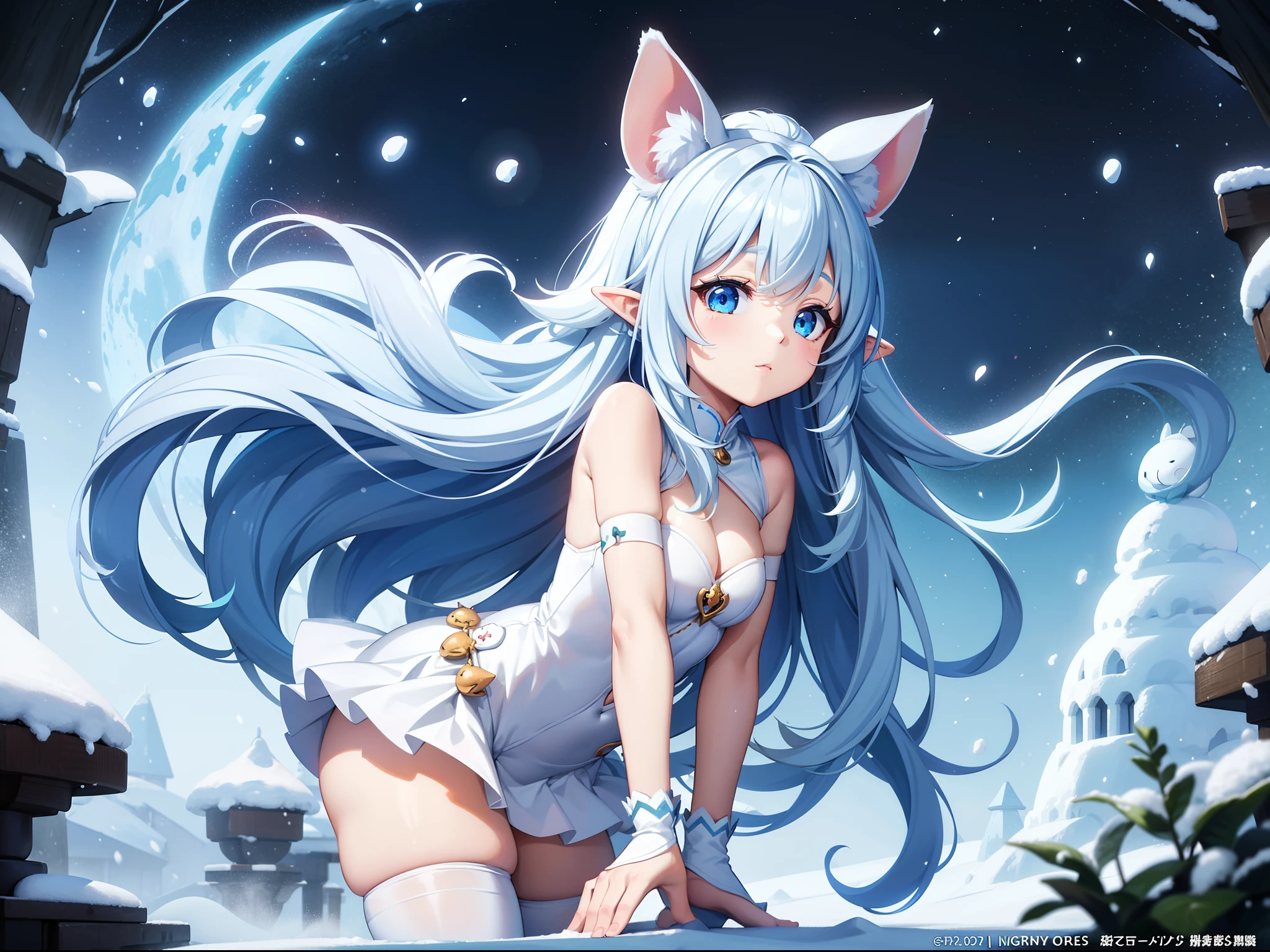 There are small white rabbits with carrots and long ears, White long ears、I'm with a girl with long blue hair and a chibi character。It is a cute sexy outfit in white and blue。White panty Dark eyes。cute forest creature, snowscape、It's snowing。Santa Claus is coming。Adorable Digital Painting, cute detailed digital art, the squirrel king, Cute digital art, cute cartoon characters, cute character, CuteCreatures, Cutie, official illustrations, Official art, squirrel, maplestory mouse, astri lohne, cute 3d render