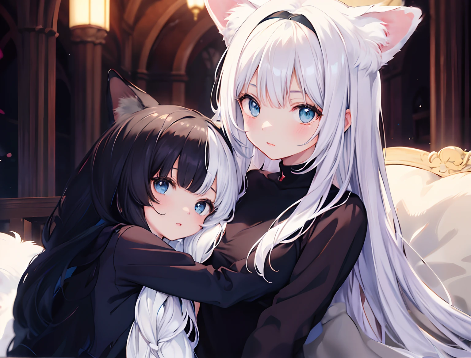 Anime image of two girls hugging each other in a church, anime com orelhas de gato, gato anime bonito, estilo anime 4K, gato anime bonito, gato anime, Wlop e Sakimichan, duas lindas garotas de anime, em estilo anime, de meninainha de frente, de arknights, menina do ganco, anime bonito, arte de anime digital
