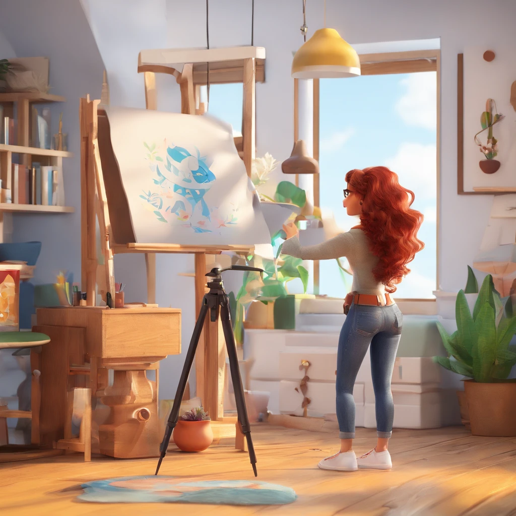 Create a Disney Pixar-inspired poster featuring a pretty girl,25anos,ruiva de cabelos lisos bem longos alaranjados, brown eyes wearing glasses. She is wearing a black skull print t-shirt and jeans. She has a pet fox and is in her art studio happy and drawing. In the background is a tripod with a camera. Ela tem quasril largo e coxas grossas