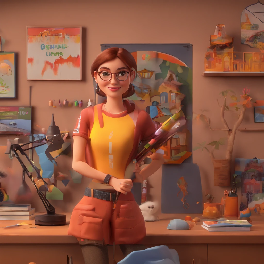 Create a Disney Pixar-inspired poster featuring a pretty girl,25anos,ruiva de cabelos lisos bem longos alaranjados, brown eyes wearing glasses. She is wearing a black skull print t-shirt and jeans. She has a pet fox and is in her art studio happy and drawing. In the background is a tripod with a camera. Ela tem quasril largo e coxas grossas