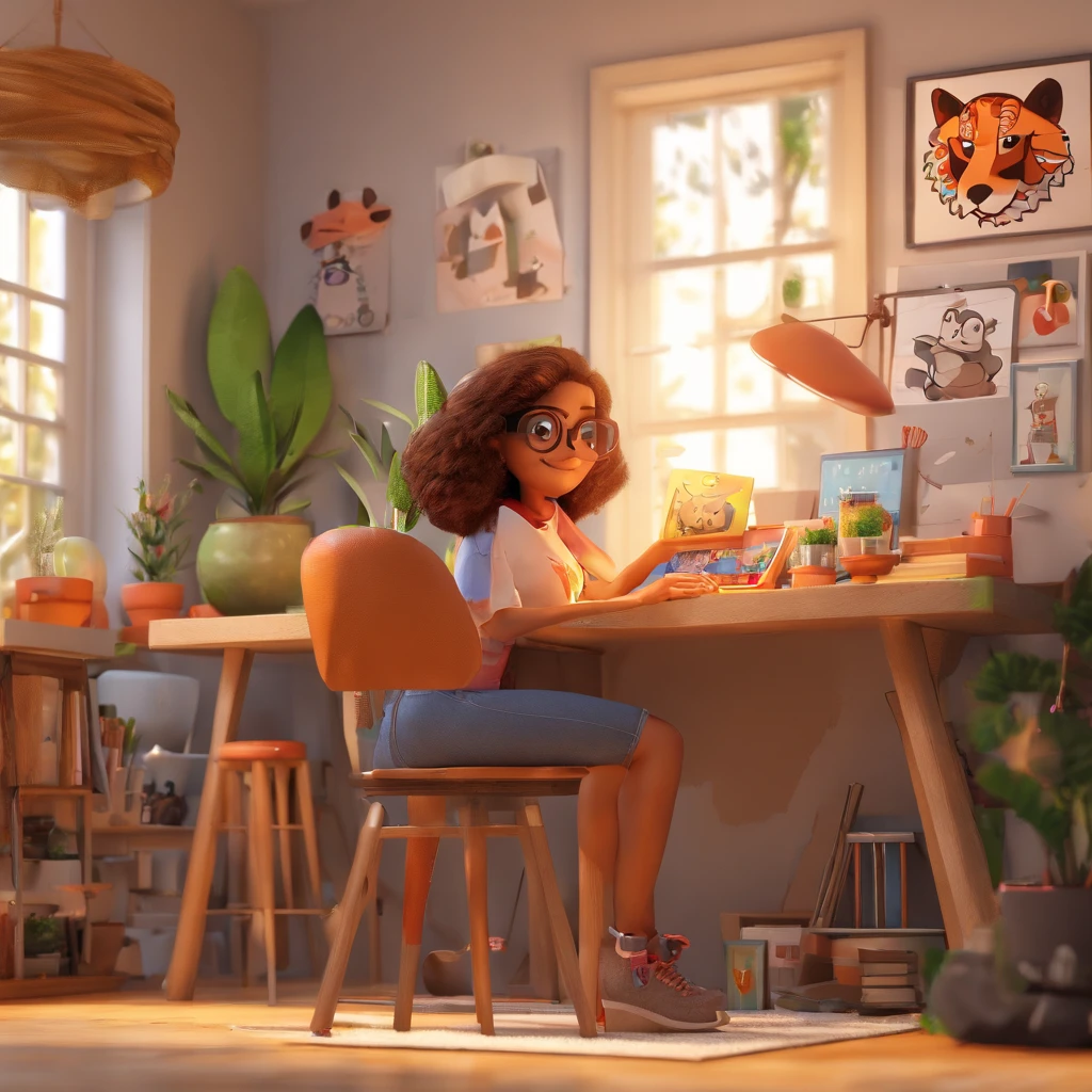 Create a Disney Pixar-inspired poster featuring a pretty girl,25anos,ruiva de cabelos lisos bem longos alaranjados, brown eyes wearing glasses. She is wearing a black skull print t-shirt and jeans. She has a pet fox and is in her art studio happy and drawing. In the background is a tripod with a camera. Ela tem quasril largo e coxas grossas