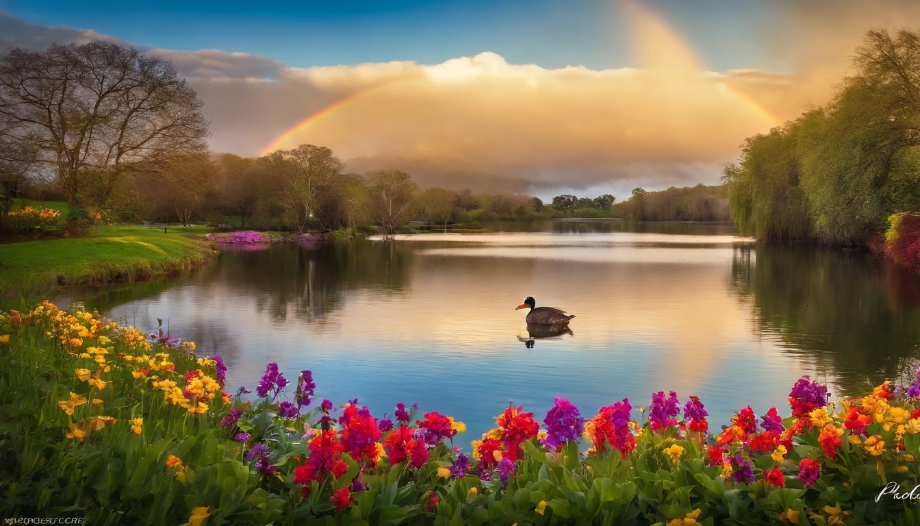 spring, flowers, colors, Pato Pedro, play, lake, magic flower, rainbow, Luiz, friends, water, explore.