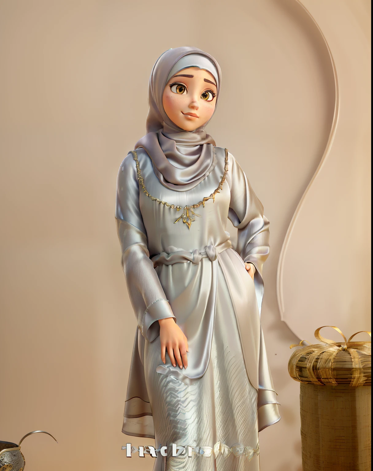 3DMM, ((Masterpiece, best quality, photography, detailed skin, realistic, photo-realistic, 8k, highly detailed, full length frame, High detail RAW color art, diffused soft lighting, shallow depth of field, sharp focus, hyperrealism, cinematic lighting, hijab, a woman in a beautifully makeup, eyeshadow, beautiful big eyes, long eye lashes, wearing (Gray satin hijab), loosely tide hijab style, ((Taupe satin kaftan))