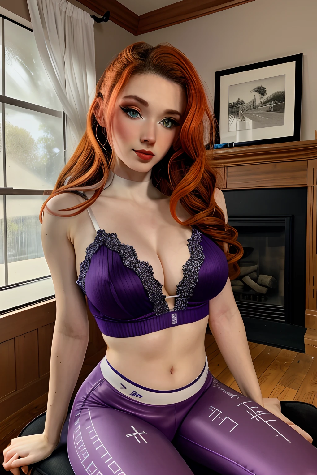 1girl in, 19, Solo, BREAK portrait photograph of girl Am0uranth, redhead, wavy red hair, shoulder length red hair, (blue eyes:1.2), (makeup, eyeliner:1.2), shy smile, pale skin, DD-cup, colossal tits, full breasts, fit body, (textured skin, skin pores:1.1), (moles:0.8), imperfect skin, goosebumps, in a game room, sitting down in a gaming chair, relaxing, innocent, (extremely detailed 8k wallpaper), (dark lighting), high quality, film grain, Fujifilm XT3 sharp focus, f 5.6, 50mm, High Detail, Sharp focus, (rgb light), (wearing purple ThaiElephantHaremPants:1.3), purple leggings, (white crop top:1.4), white shirt, (pokies: 1.18), crazy details, complex details, hyperdetailed