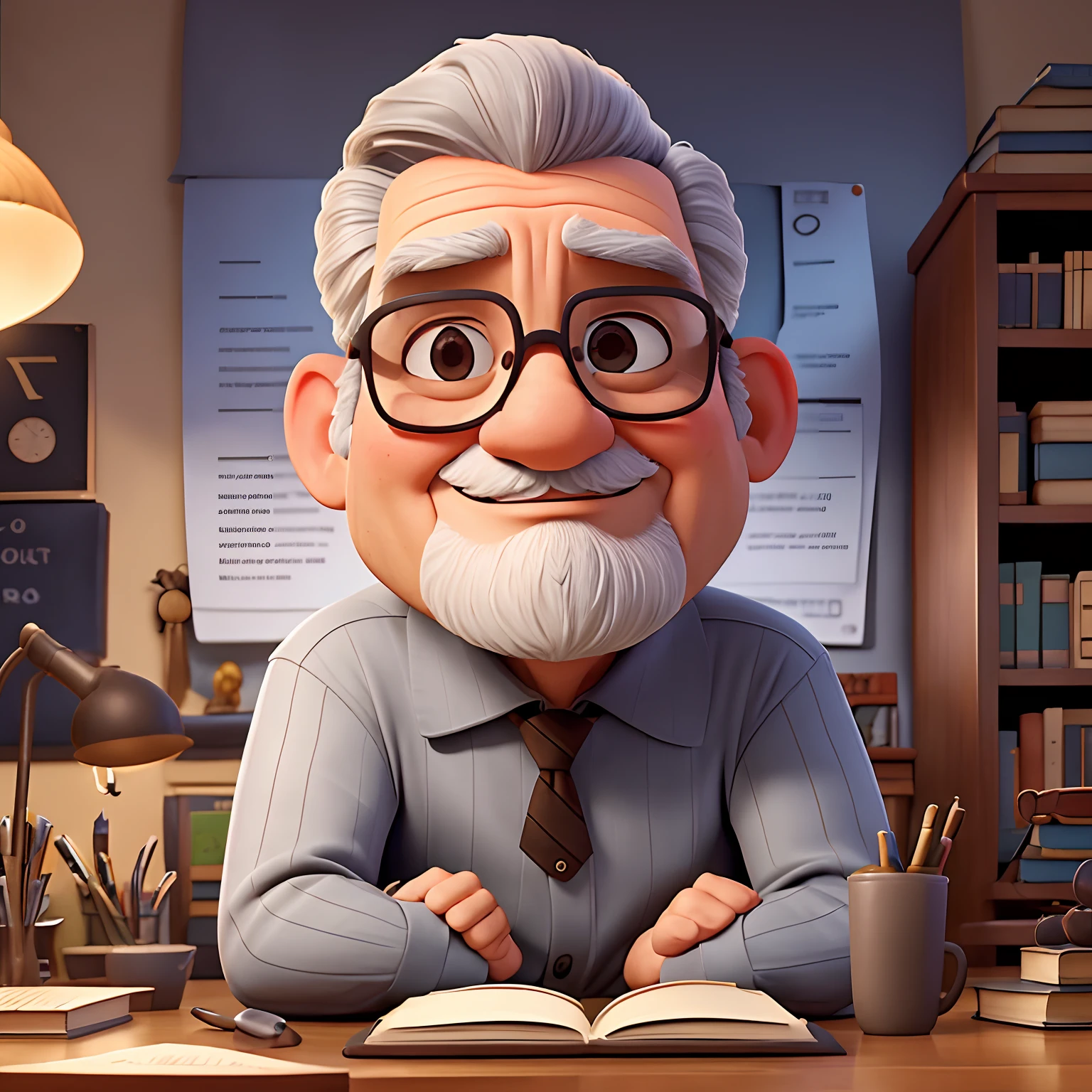 velho, inspirado na Disney Pixar, Inspirado pelo pastor ( Rubens Janeiro ) A gray-haired man wearing glasses in an office with a book on the table looking to the serious future, old man, cabelos grisalhos, um terno
