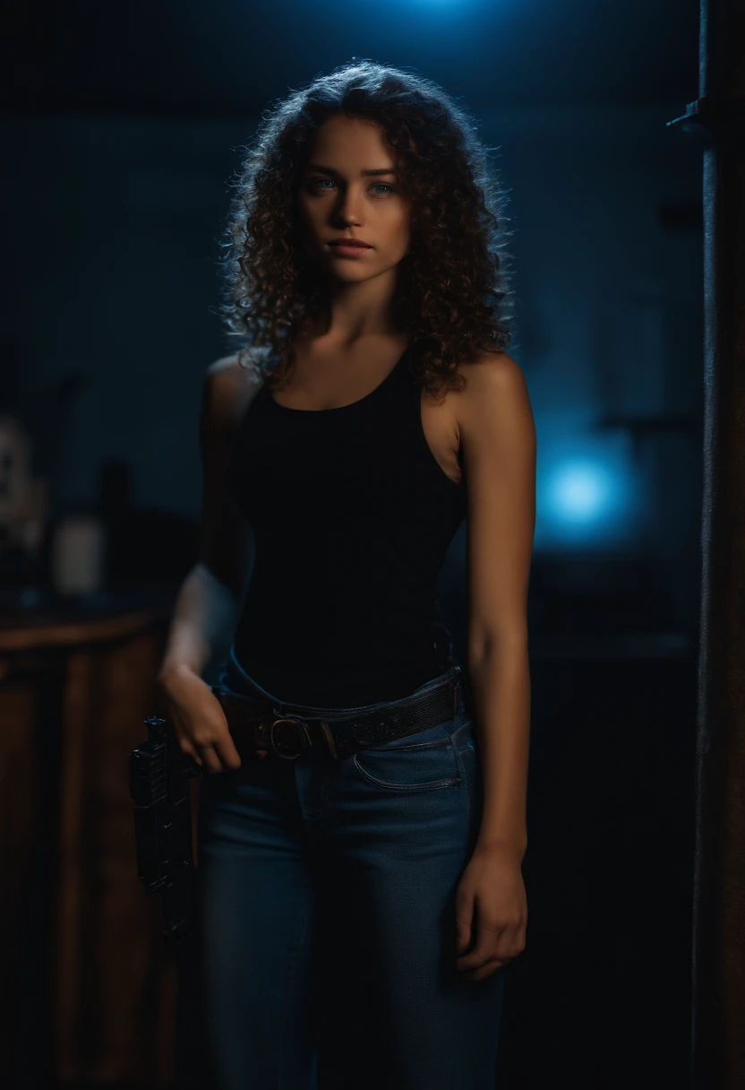 Teenage girl with light skin and glowing blue eyes with no irises and long brown curly hair with scars and wearing a black tank top and jeans holding a gun standing in a dark room with blue lighting.