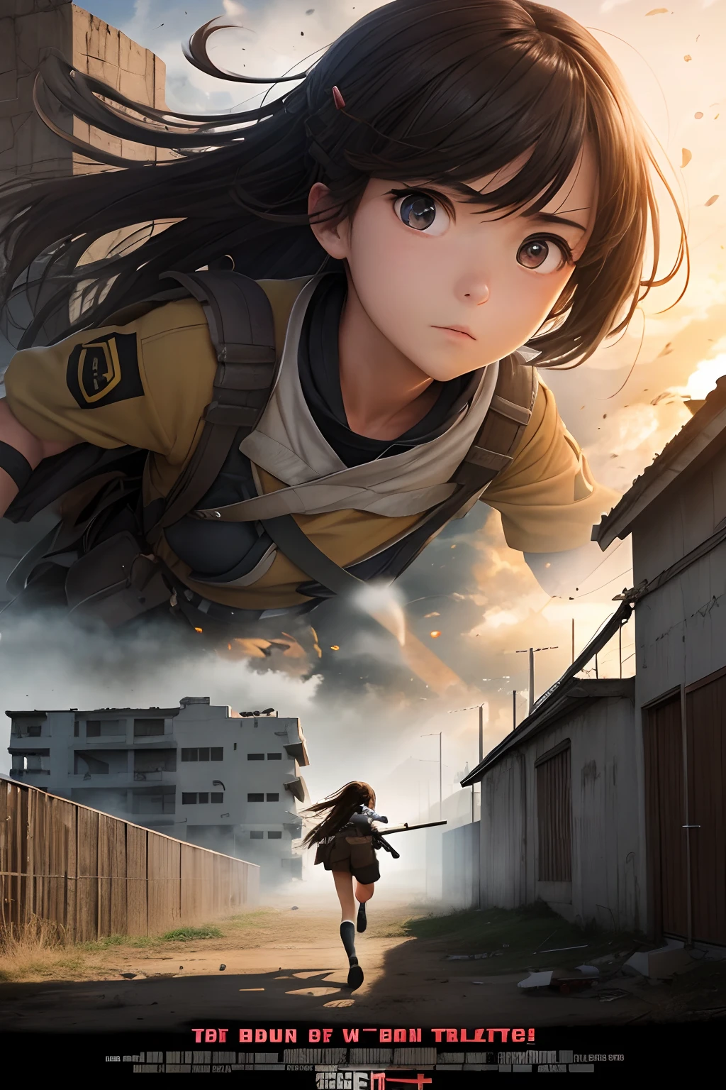 In the style of a battle movie poster、titles、A high school girl runs through the wall of a building in a furious dash