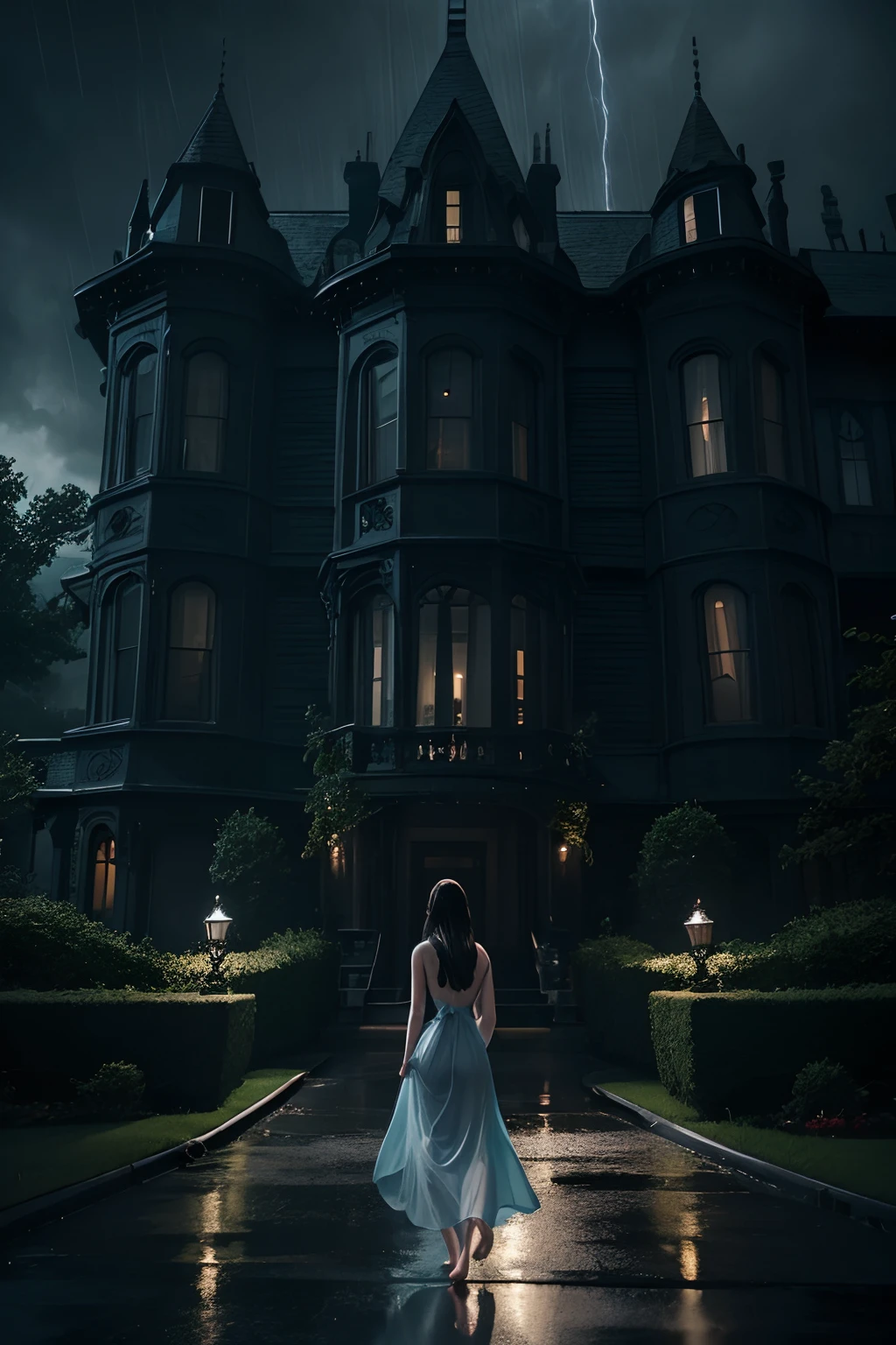 A driving rainstorm on a dark night lit only by lightning. Longshot of a back view of a slender, barefoot, woman with long, dark brunette hair, wearing a sheer, sleeveless, ankle-length, pale blue gossamer nightgown, walking toward an huge, sprawling, evil-looking Victorian mansion that dominates the picture.