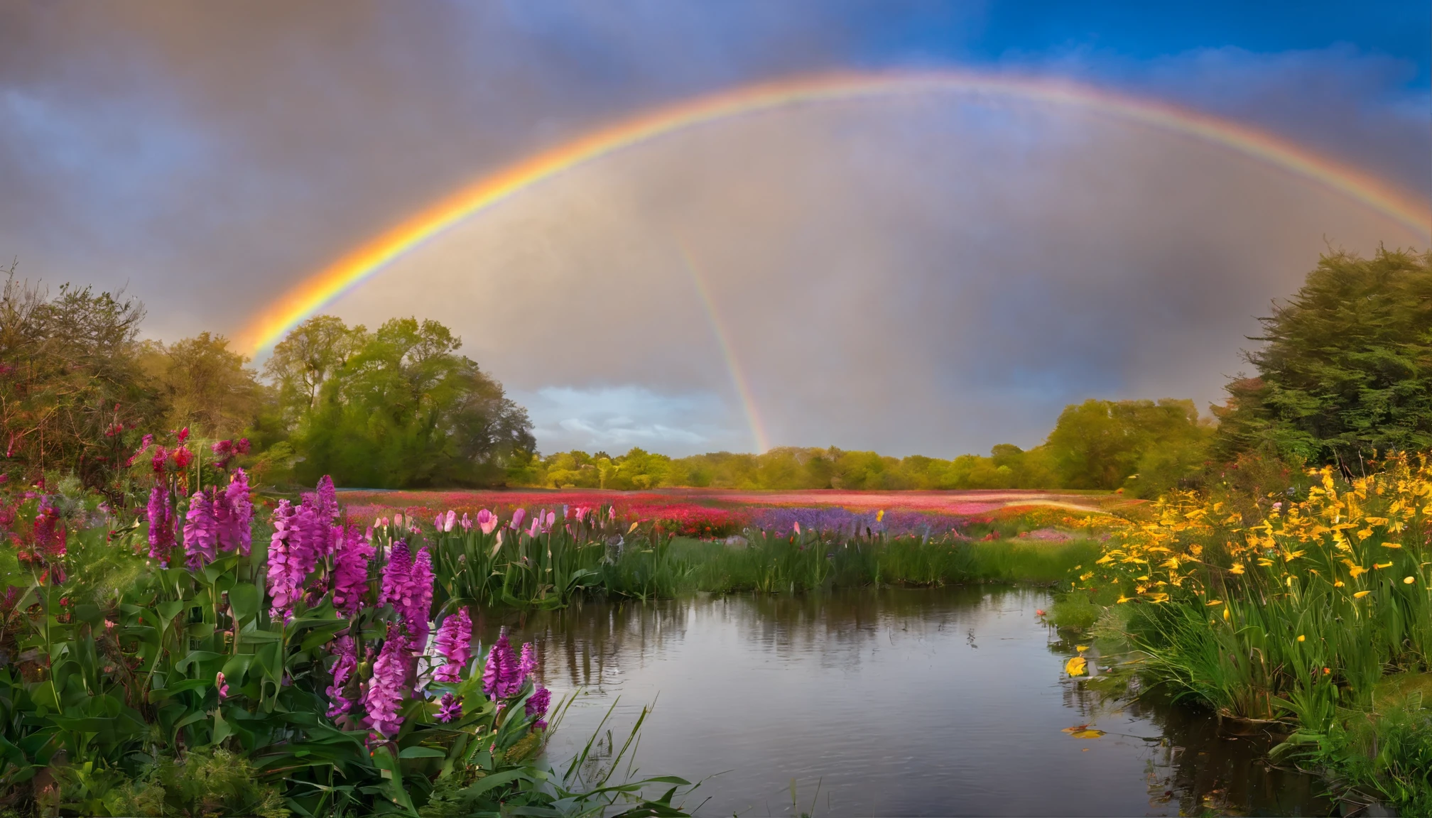 spring, flowers, colors, Pato Pedro, play, lake, magic flower, rainbow, Luiz, friends, water, explore.