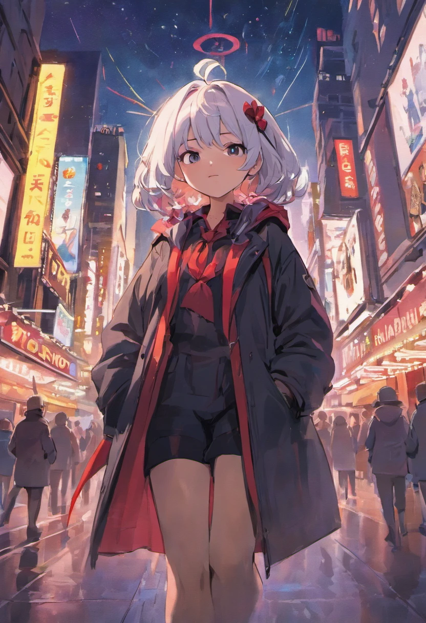 Disney Pixar animation poster, 30-year-old man, short black and white gray hair, with black and white gray beard, wearing wide-brimmed black hat, wearing black and white striped t-shirt, with red leather jacket, black pants, boots black girl, walking happily, at night through Times Square in New York at night with a little white Maltese dog with a red bow on her head