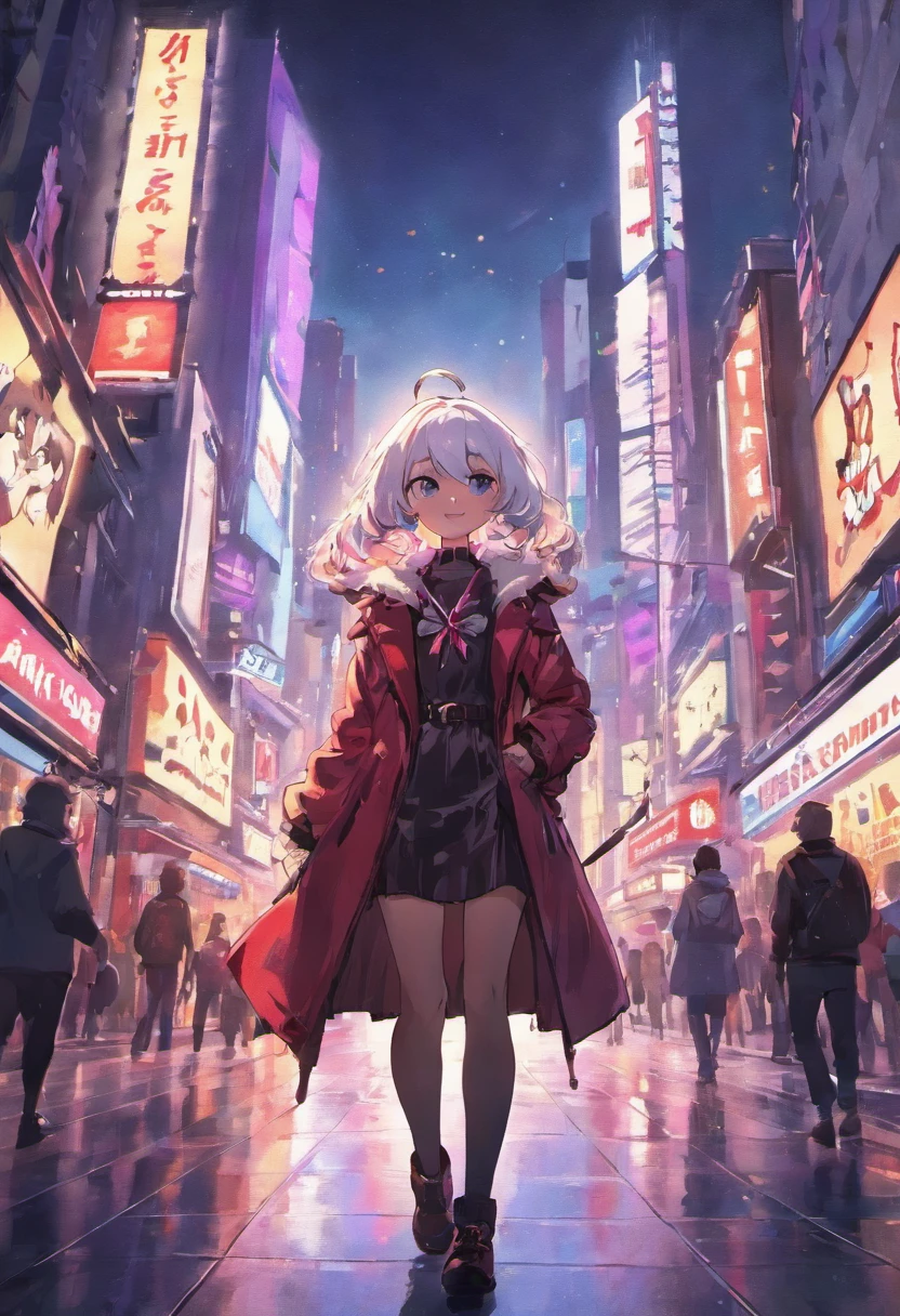 Disney Pixar animation poster, 30-year-old man, short black and white gray hair, with black and white gray beard, wearing wide-brimmed black hat, wearing black and white striped t-shirt, with red leather jacket, black pants, boots black girl, walking happily, at night through Times Square in New York at night with a little white Maltese dog with a red bow on her head