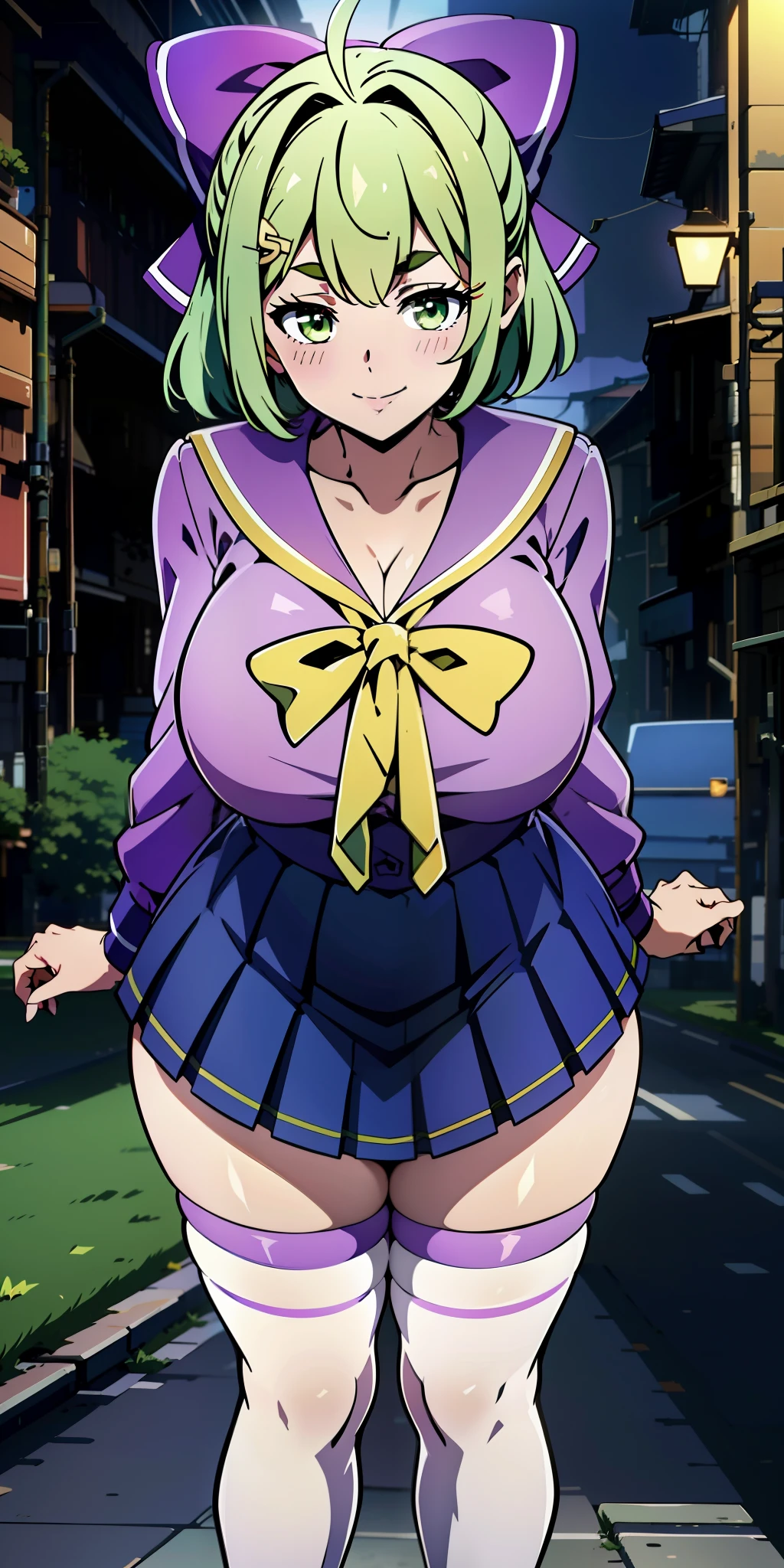 (Best quality:1.5, A high resolution, hyper HD, 4K, Detailed lighting, Shaders), Short green hair，Green eyes，hair bow，hair pin，Purple and yellow sailor collar，Striped sailor suit，Pleated skirt in blue color，White stockings，leather shoes，Antenna hair，Beanie eyebrows，Hair rope, Busty,  cleavage, standing, (Close-up Shot Shot), Night background, Smiling, leering, Sexy, Erotic, Seductive