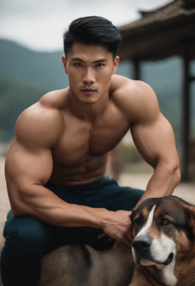 natural,( Muscle Asian Man, Good looking, large ) , dog