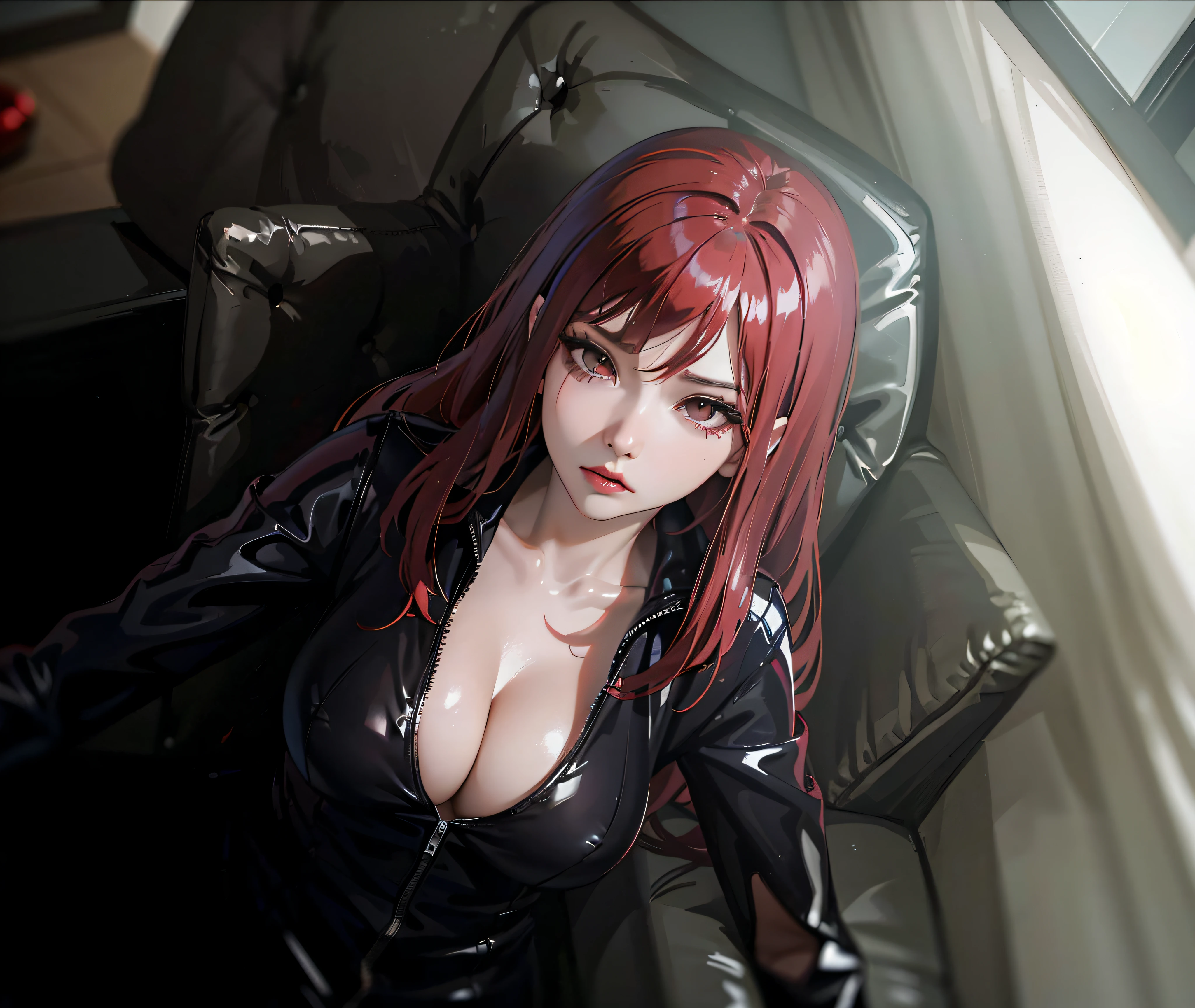Black Widow is a young woman with long, deep red hair styled in loose waves, and is dressed in a skin-tight dark shiny black latex leather with a low-cut neckline. Sitting on a chair, she maintains a fearful expression as she gazes off to one side. The image is cast in tones of dramatic darkness, starkly contrasting the Black Widow's figure and emphasizing the somewhat mysterious atmosphere.