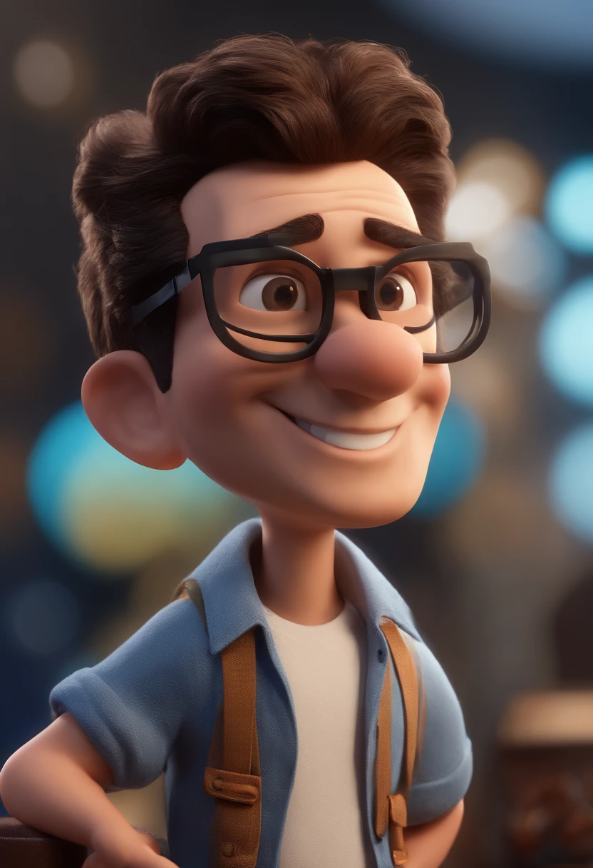 Cartoon character of a man with black glasses and a blue shirt, animation character, Caractere estilizado, animation style rendering, 3D estilizado, Arnold Maya render, 3 d render stylized, toon render keyshot, Personagem 3D, Personagem 3D, 3d rendering stylized, 3 d character render, personagem de desenho animado, Personagem de close up, Pose de personagem, (Estilo Pixar) (master part:1.2) (Bokeh) (best quality) (pele detalhada) (textura detalhada) (8k) (argila) (Cinematic lighting) (foco nítido